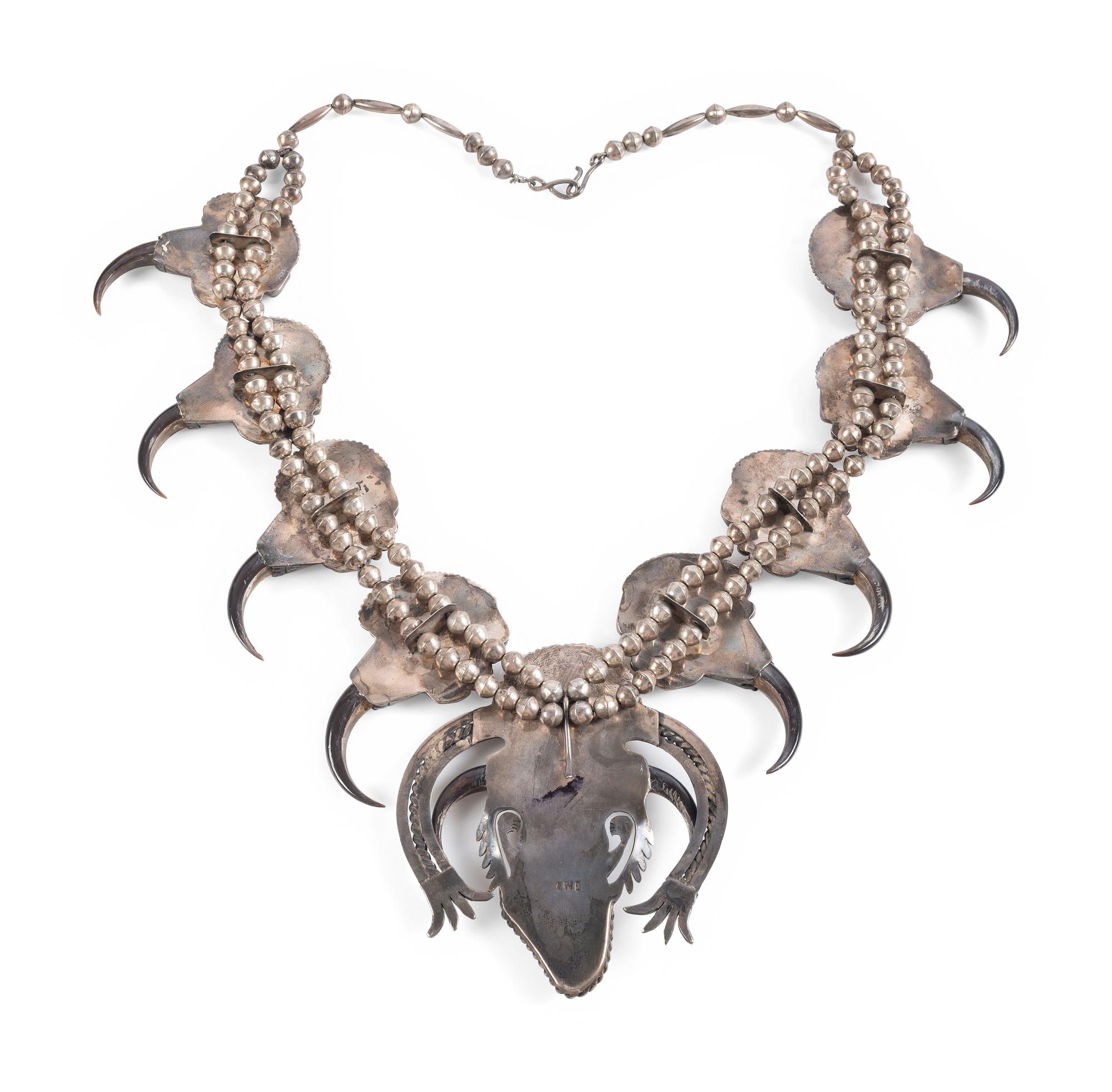 Large Statement Morenci Turquoise, Coral, and Claw Squash Blossom Necklace