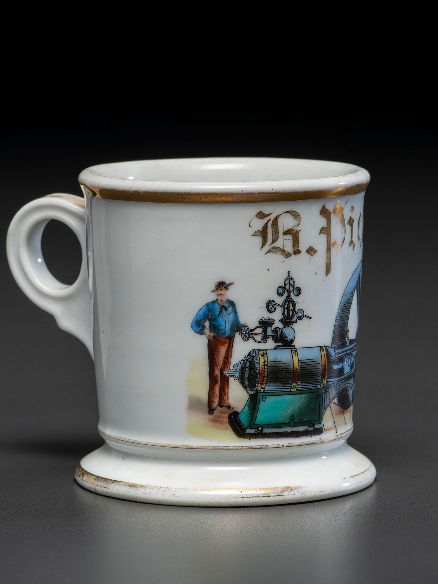 A Porcelain Occupational Shaving Mug Depicting a Steam Engine