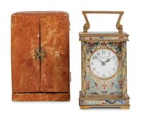 A French Champlevé Enamel Cased Carriage Clock Retailed by Cowell & Hubbard