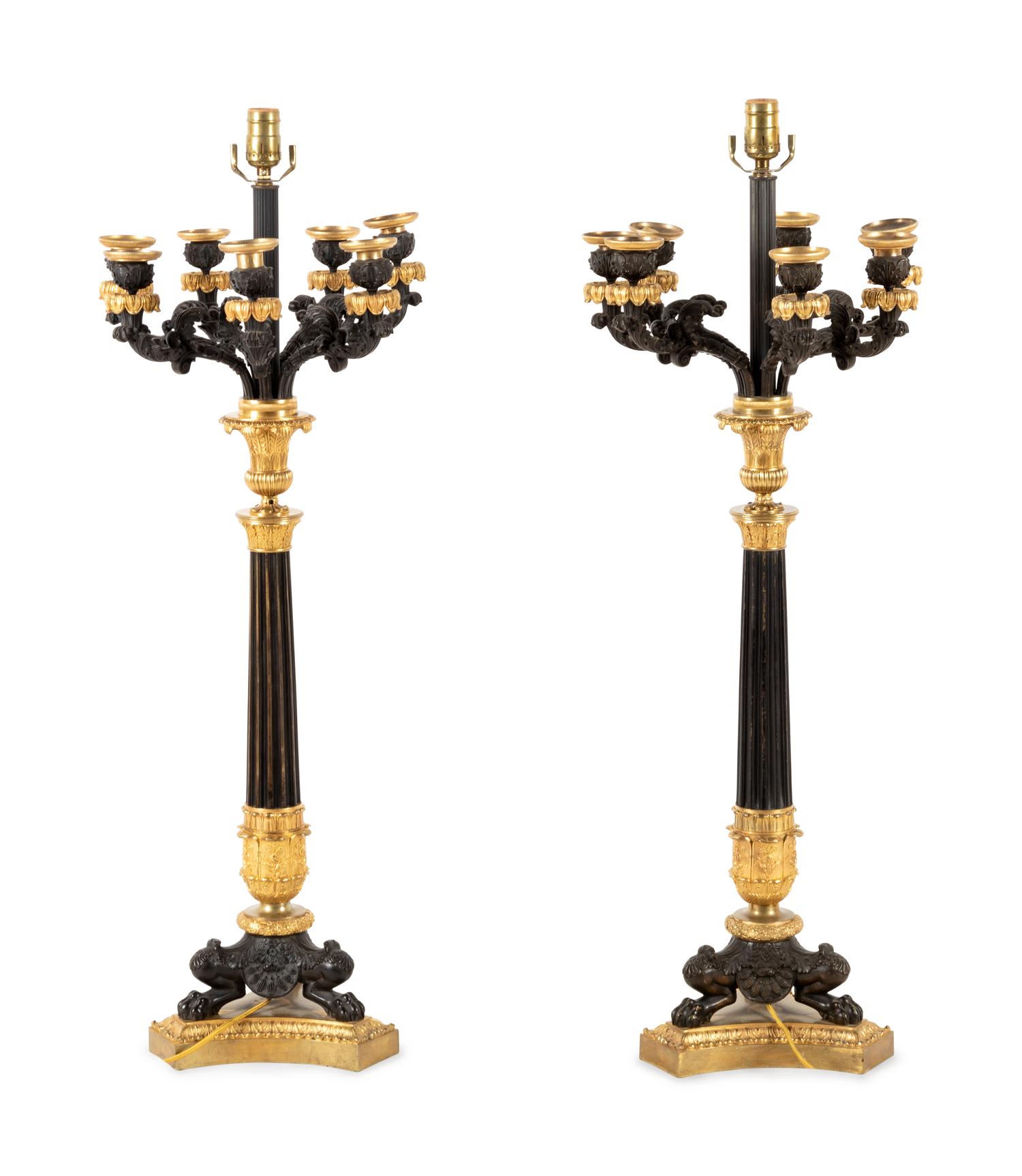 A Pair of Charles X Gilt and Patinated Bronze Seven-Light Candelabra