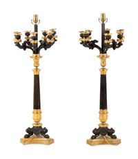 A Pair of Charles X Gilt and Patinated Bronze Seven-Light Candelabra