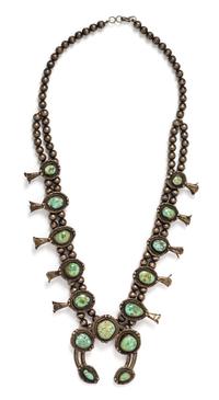 A Silver and Turquoise Squash Blossom Necklace, 128.00 dwts.