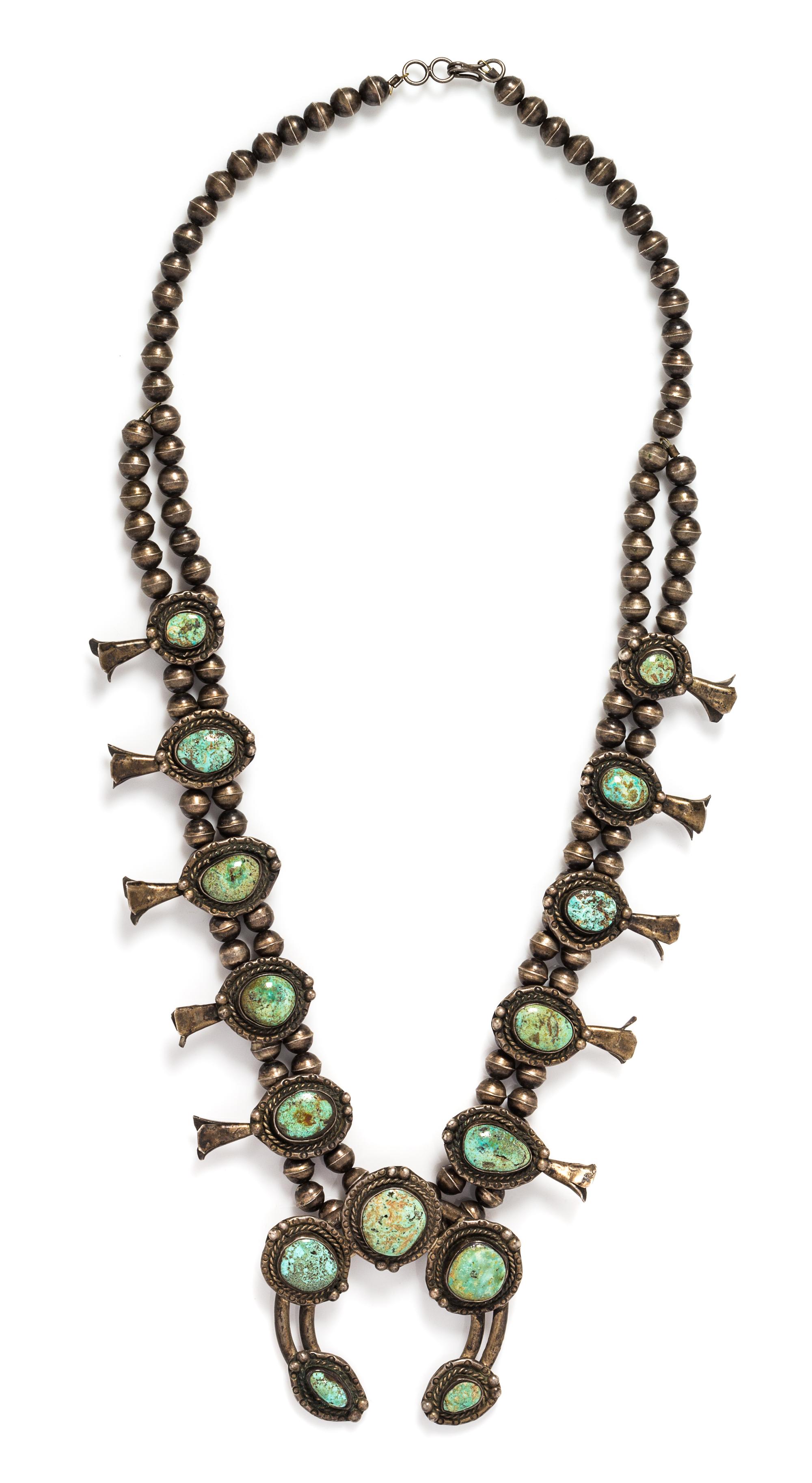 A Silver and Turquoise Squash Blossom Necklace, 128.00 dwts.