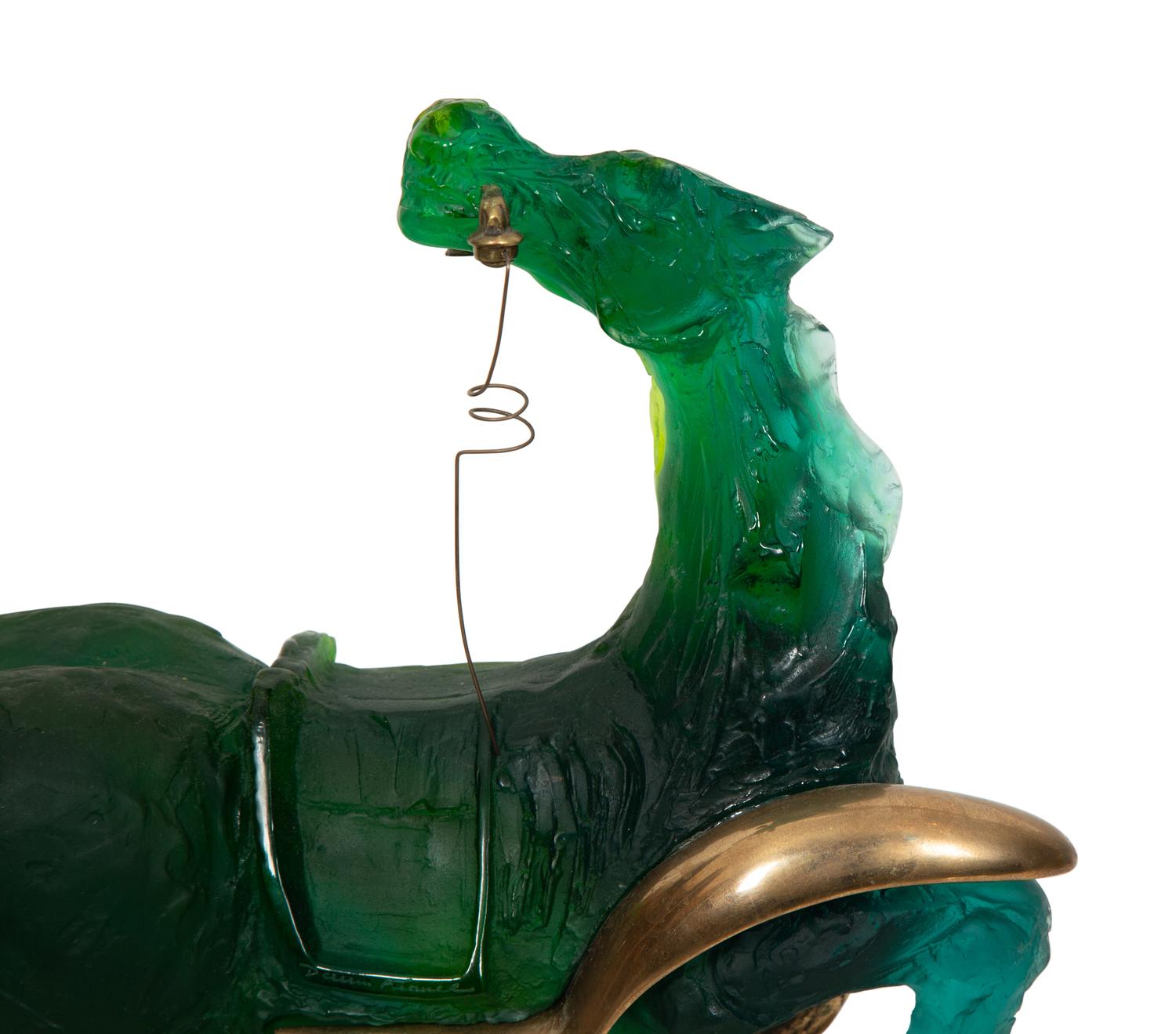 A Daum Pâte de Verre and Bronze Sculpture, Debris d'une automobile donnant naissance a un cheval aveugle mordant un telephone