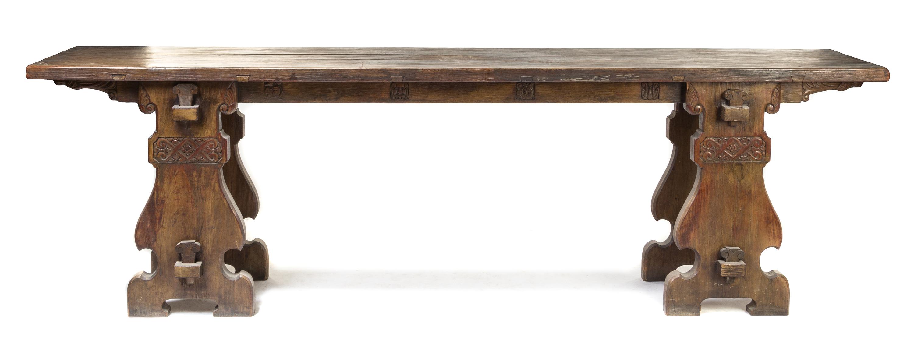 A Jacobean Style Hall Table Height 37 x width 21 1/2 x depth 120 inches.