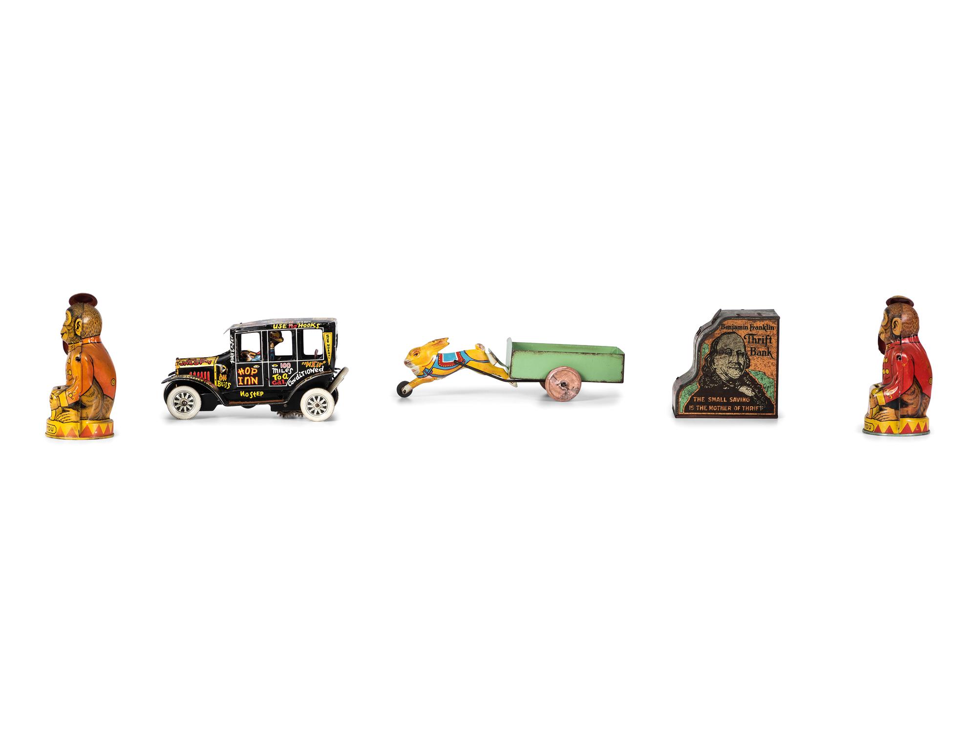 Five Tin Lithograph Banks and Toys
