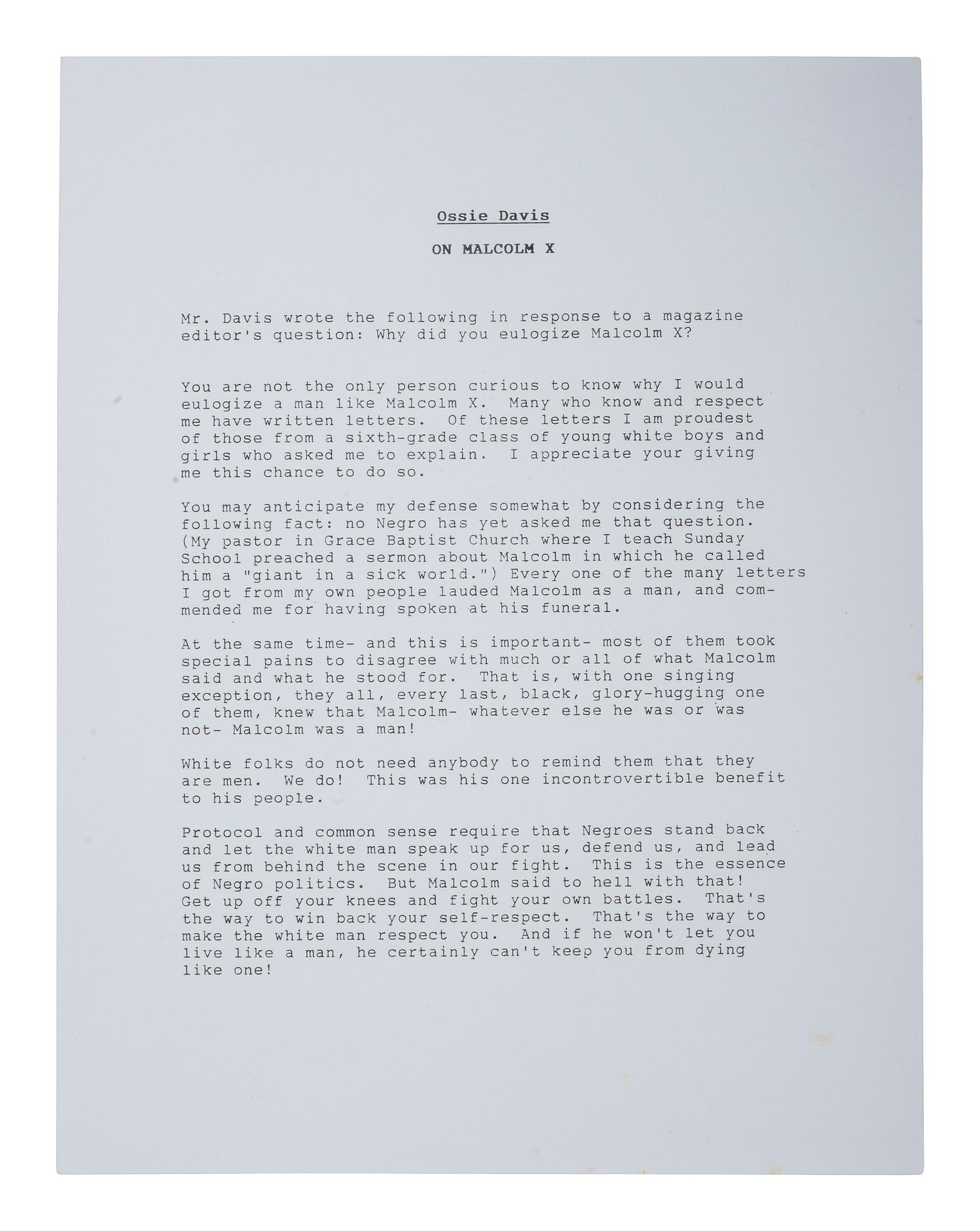 [CIVIL RIGHTS]. DAVIS, Ossie (1917-2005). Typed document signed in ink ("Ossie Davis"), in response to a magazine editor's question asking why he eulogized Malcolm X.