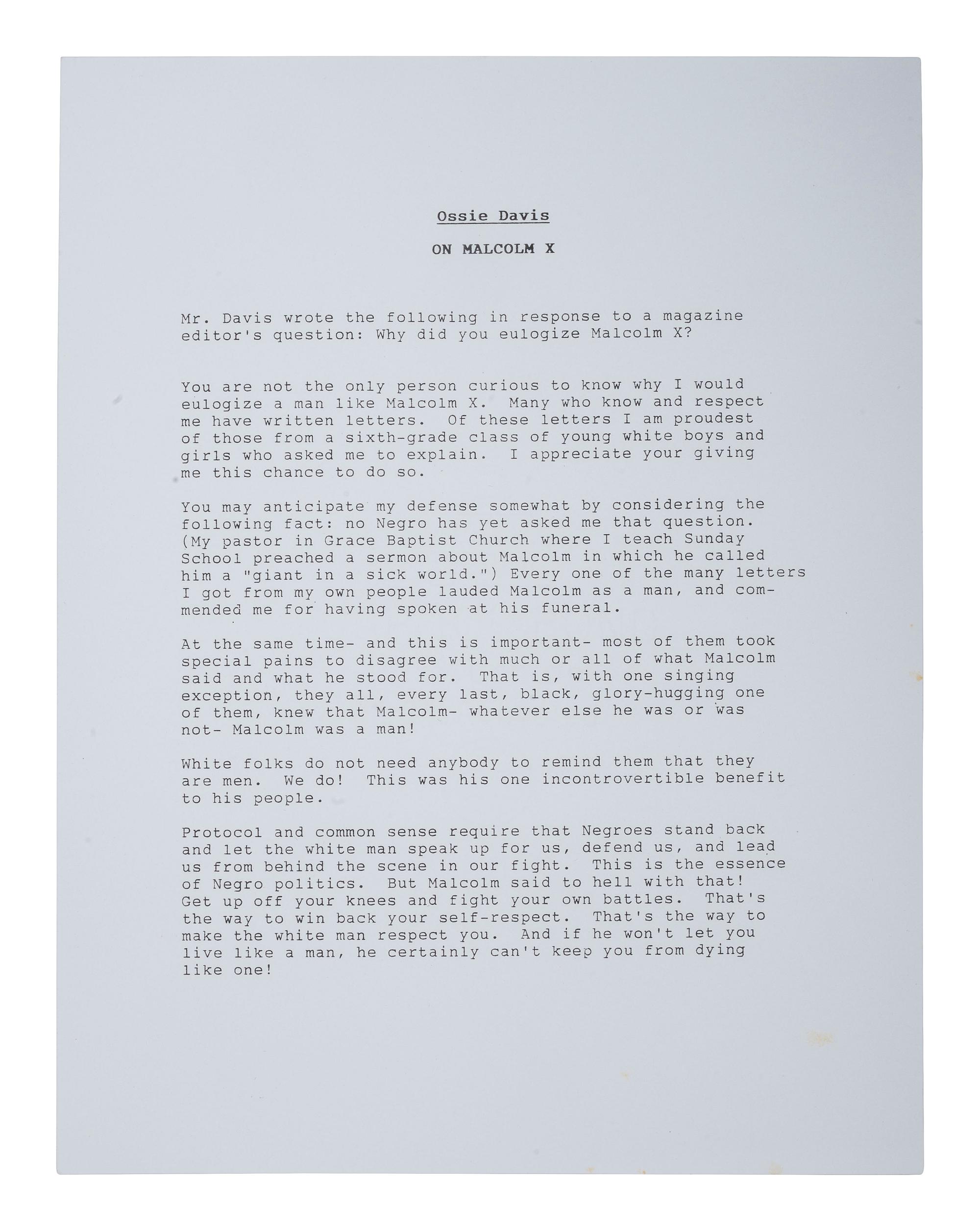 [CIVIL RIGHTS]. DAVIS, Ossie (1917-2005). Typed document signed in ink ("Ossie Davis"), in response to a magazine editor's question asking why he eulogized Malcolm X.