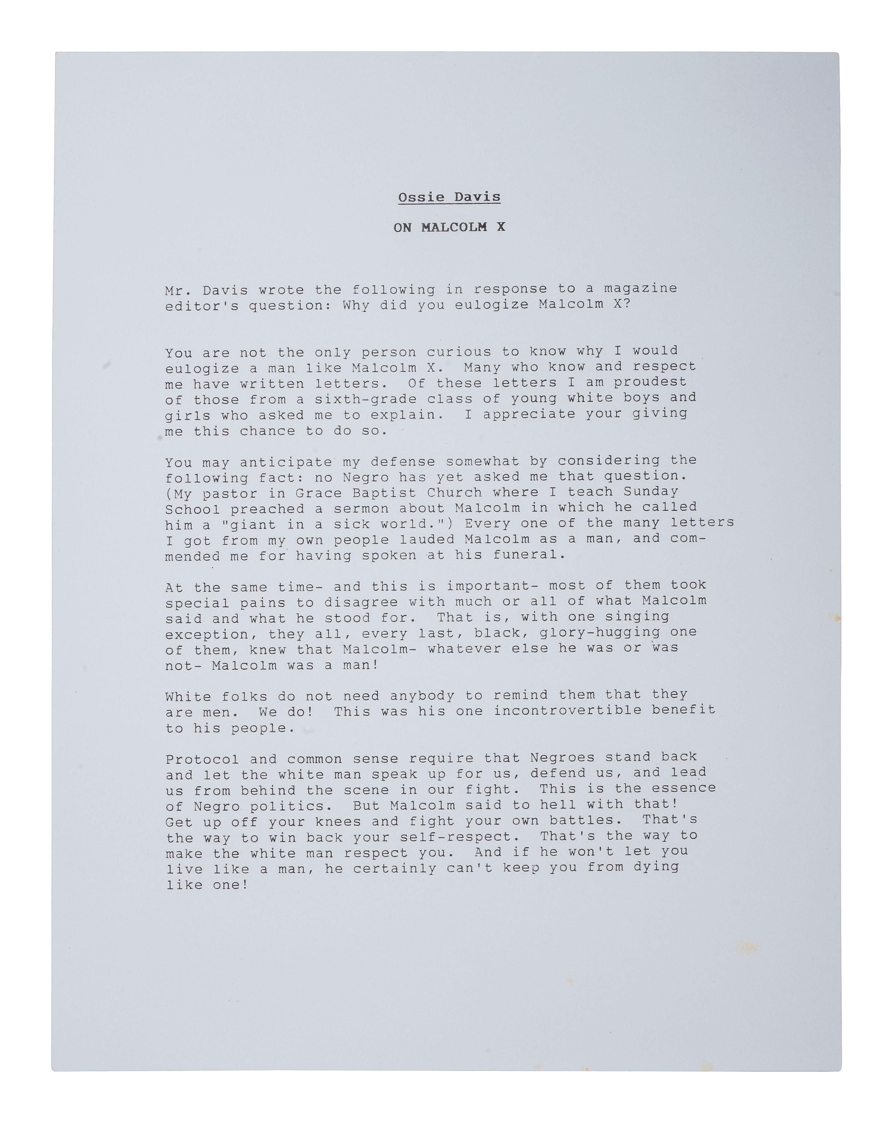[CIVIL RIGHTS]. DAVIS, Ossie (1917-2005). Typed document signed in ink ("Ossie Davis"), in response to a magazine editor's question asking why he eulogized Malcolm X.