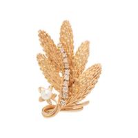 YELLOW GOLD, CULTURED PEARL, AND DIAMOND LEAF BROOCH
