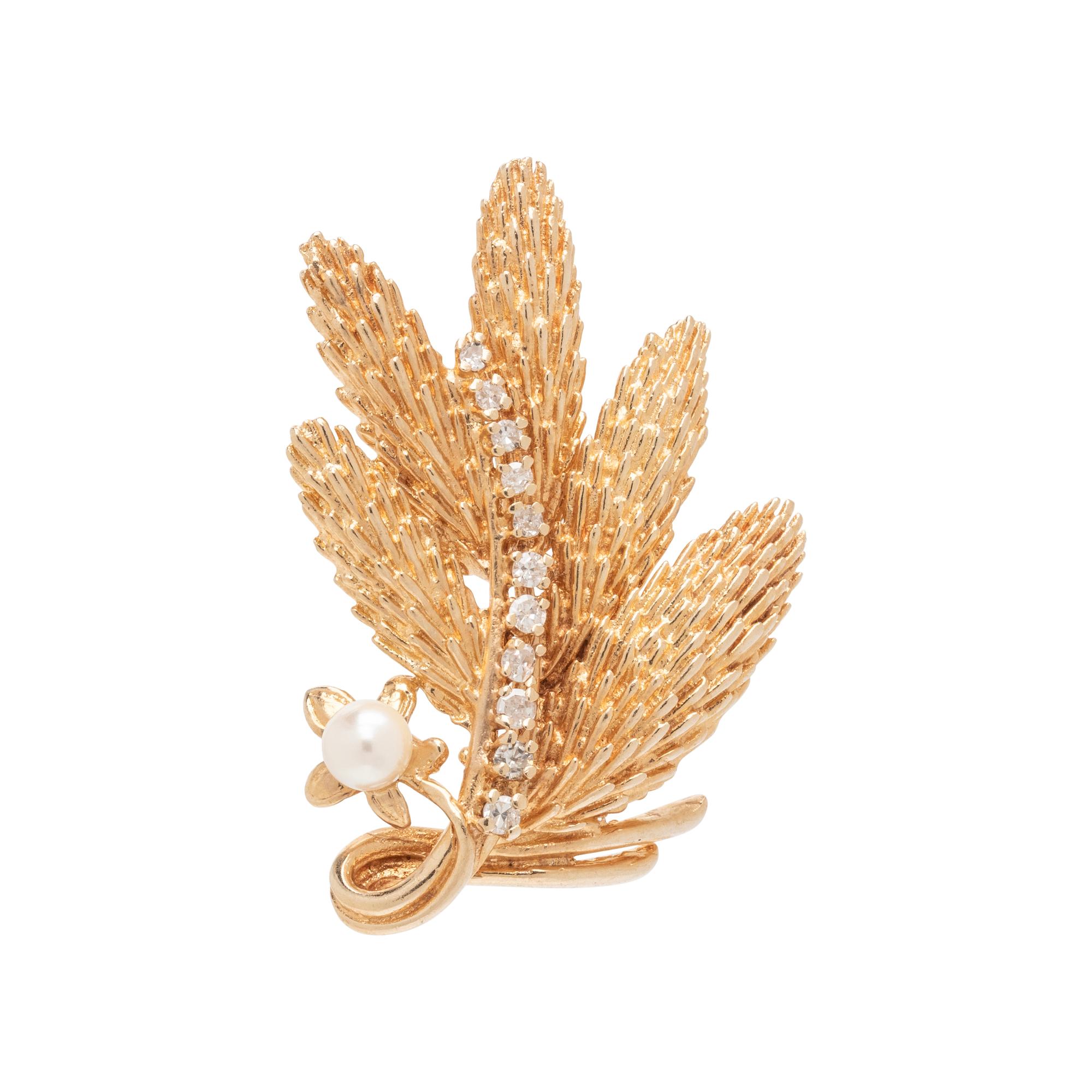 YELLOW GOLD, CULTURED PEARL, AND DIAMOND LEAF BROOCH