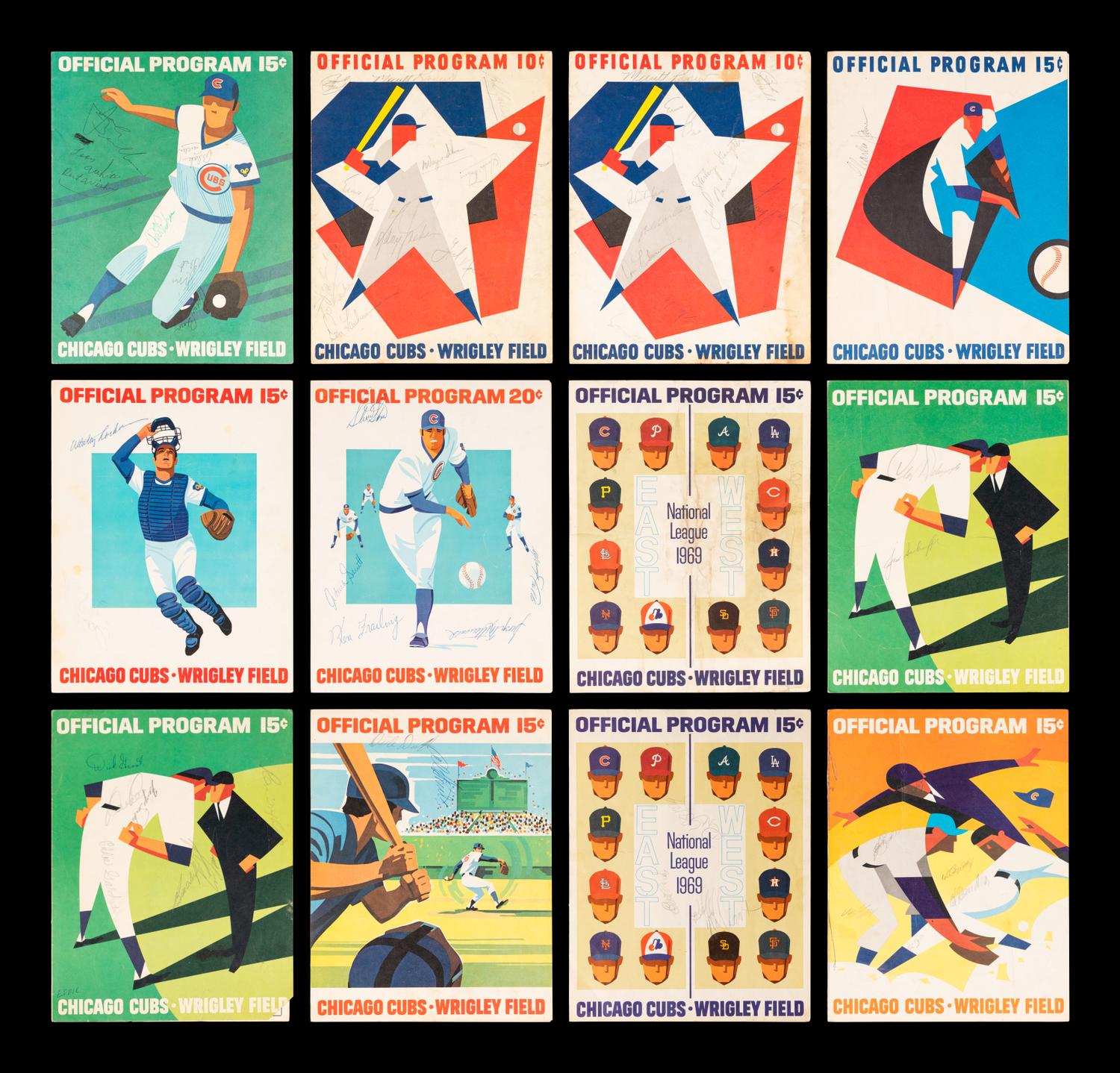 A Group of 12 1960s-70s Chicago Cubs Wrigley Field Signed Autograph Scorecards (Including Ernie Banks, Billy Williams, Fergie Jenkins and Ron Santo)