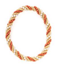 YELLOW GOLD, CORAL, AND CULTURED PEARL NECKLACE AND BRACELET