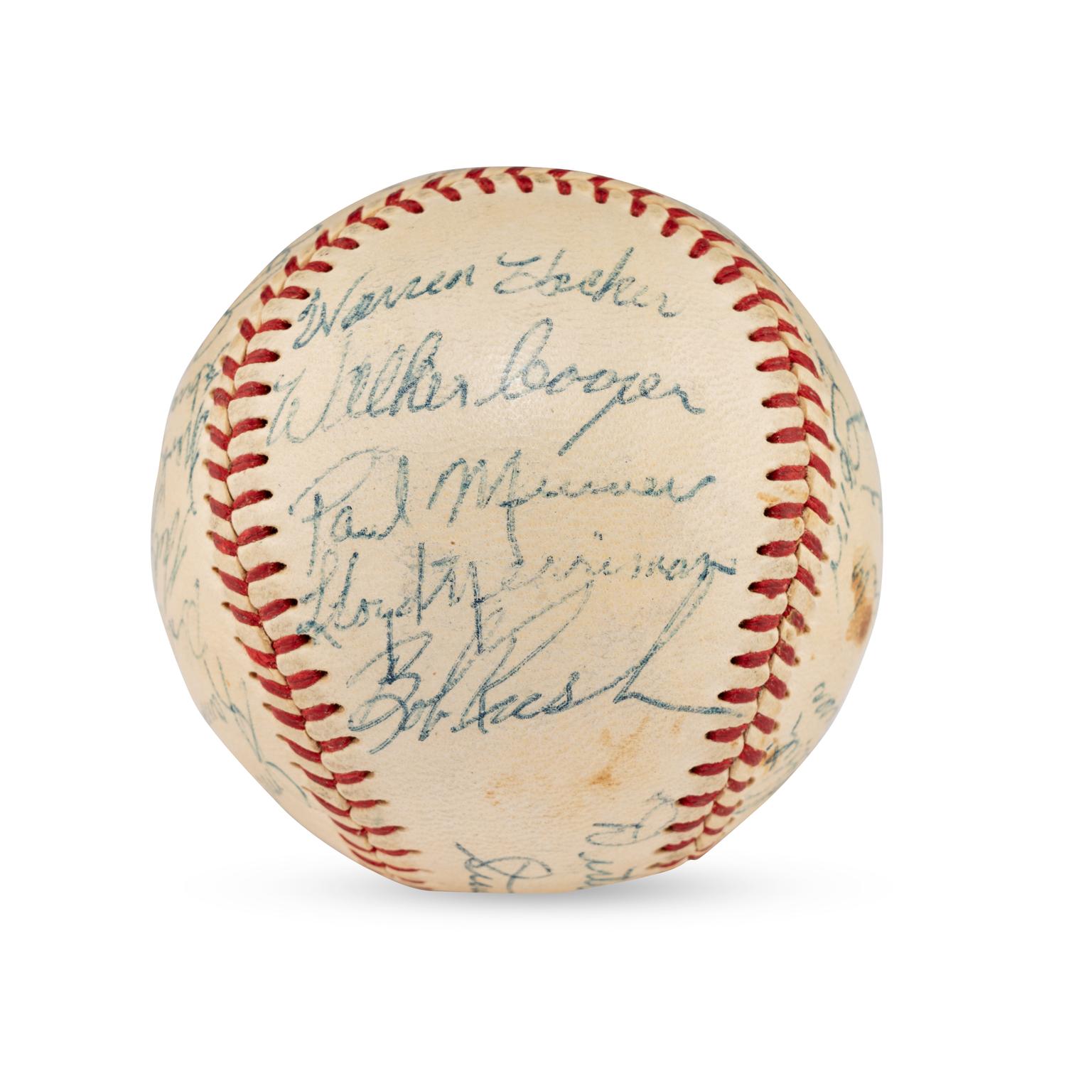 A 1955 Chicago Cubs Team Signed Autograph Baseball Including Early Career Ernie Banks Signature