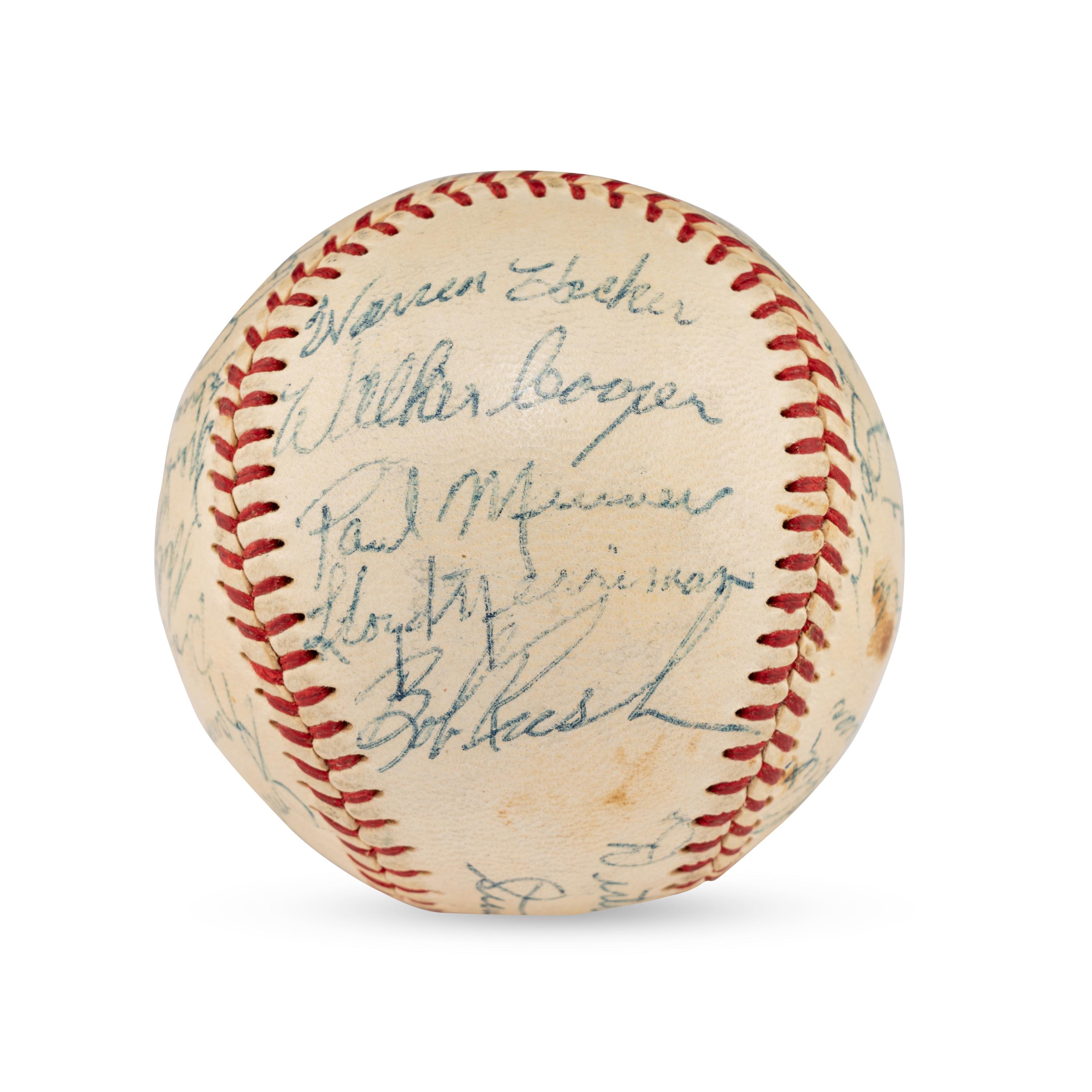A 1955 Chicago Cubs Team Signed Autograph Baseball Including Early Career Ernie Banks Signature