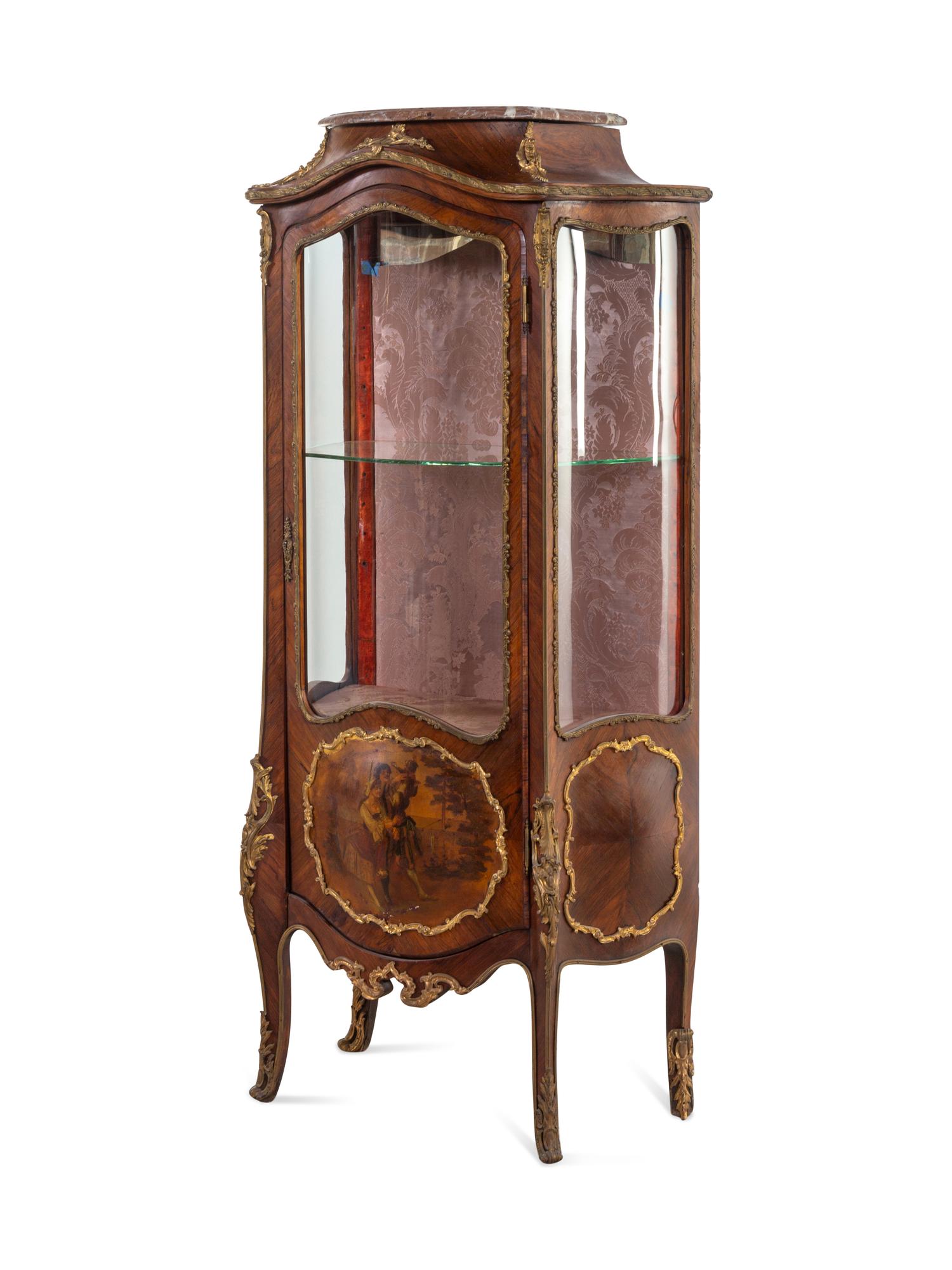 A Louis XV Style Gilt Bronze Mounted Kingwood and Vernis Martin-Decorated Marble-Top Vitrine Cabinet