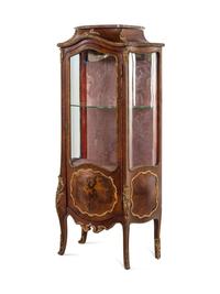 A Louis XV Style Gilt Bronze Mounted Kingwood and Vernis Martin-Decorated Marble-Top Vitrine Cabinet