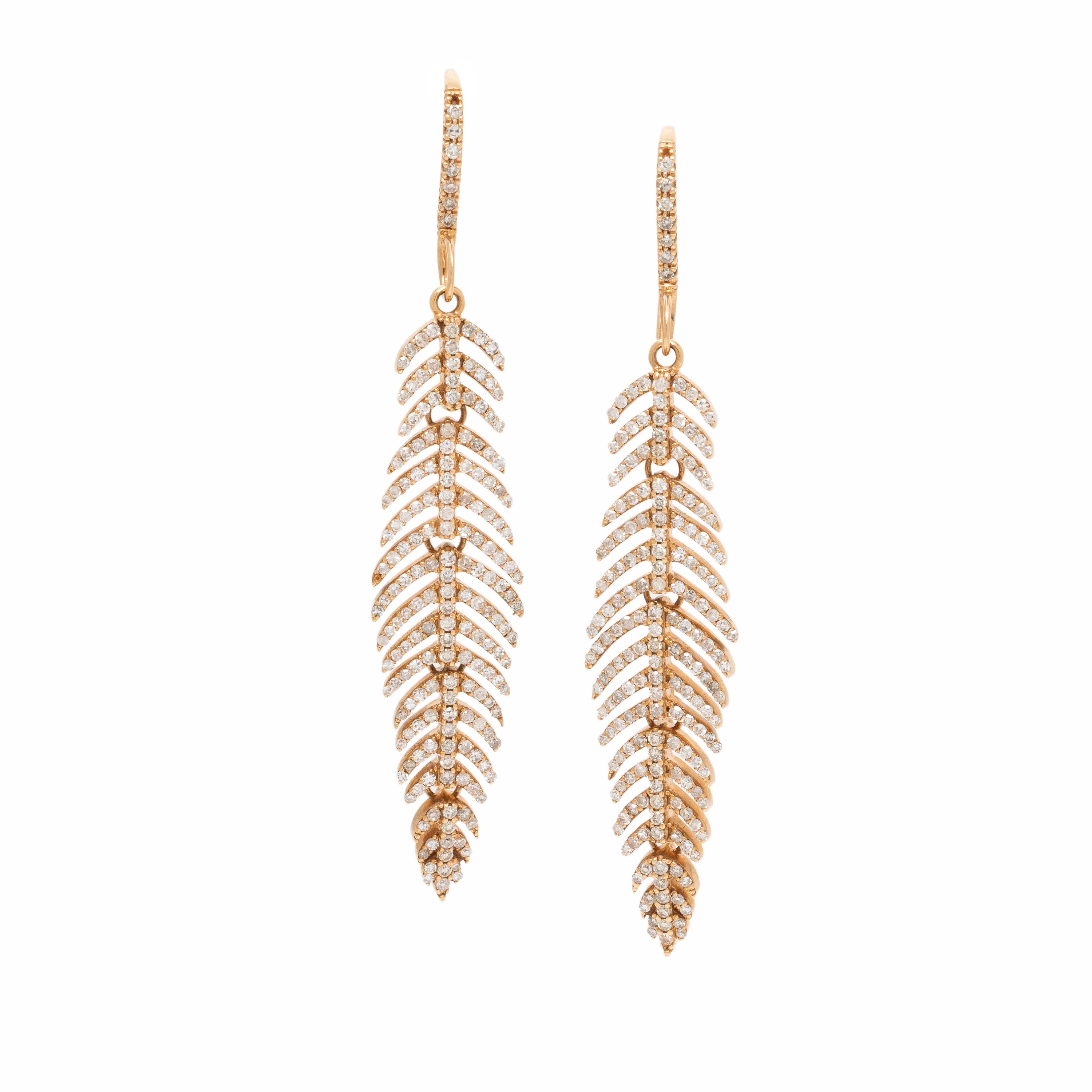 Diamond and Rose Gold Articulated Feather Earrings