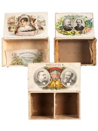 [HARRISON, Benjamin] -- [CLEVELAND, Grover]. A group of cigar boxes and early American pattern glass cups from the 1884, 1888, and 1892 presidential campaigns, comprising: