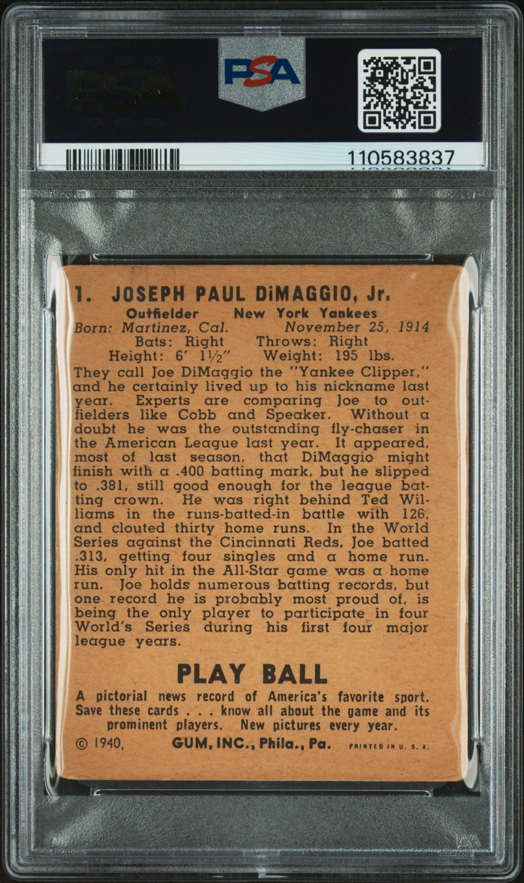 A 1940 Joe DiMaggio Play Ball Baseball Card No. 1 (PSA 2 GOOD)