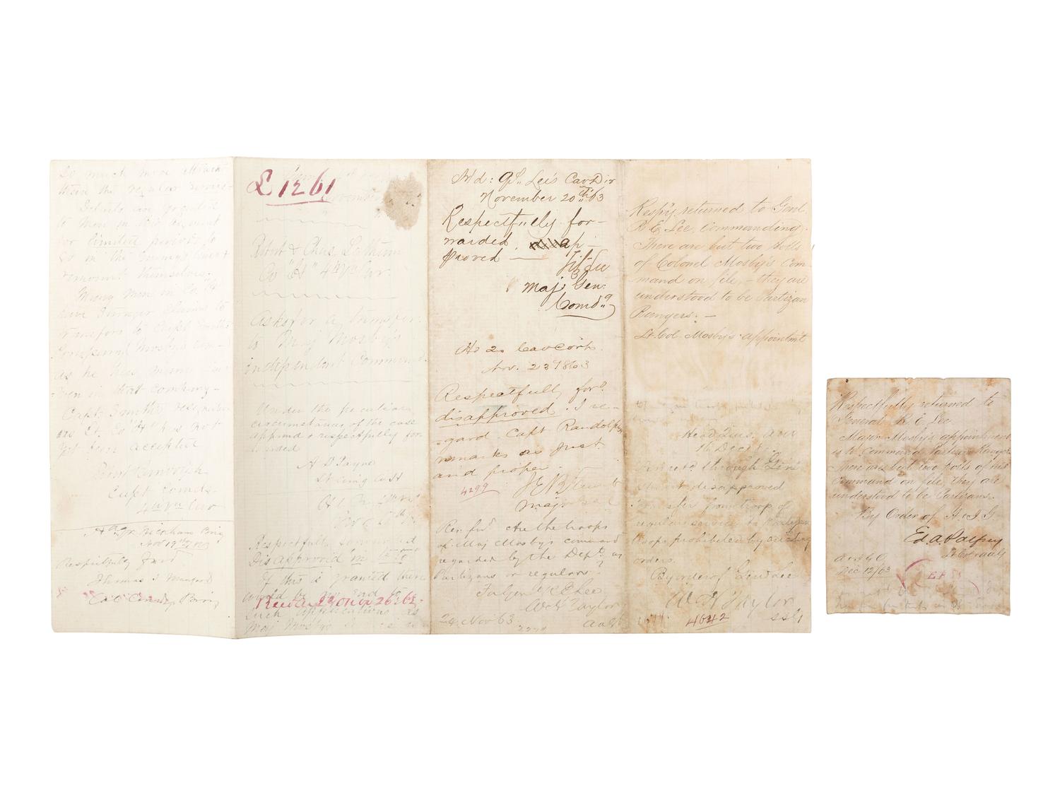[CIVIL WAR]. Request for transfer to John Mosby's Command from Robert and Charles Latham, Company H, 4th Virginia Cavalry, signed by J.E.B. STUART and Fitz LEE. November 1863.