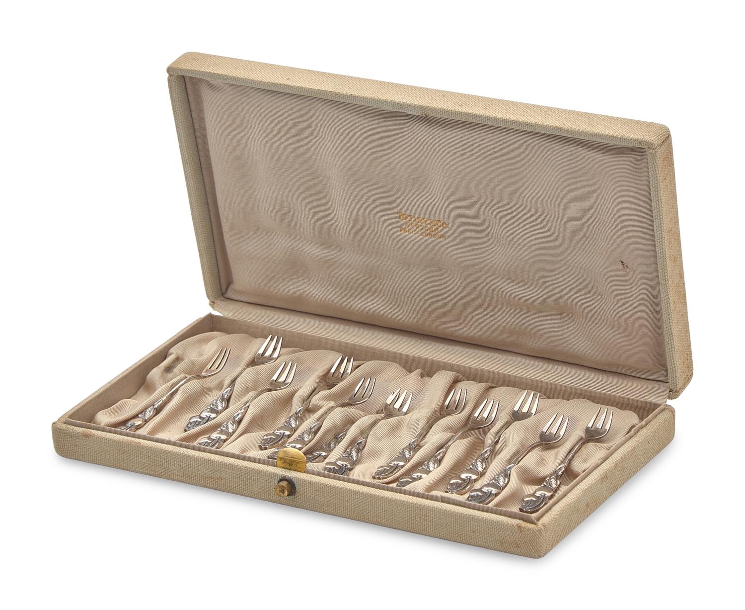 A Cased Set of Twelve Sterling Silver Cocktail Forks in the "Cherry" Pattern, Tiffany & Co., New York, NY, Late 19th / Early 20th Century