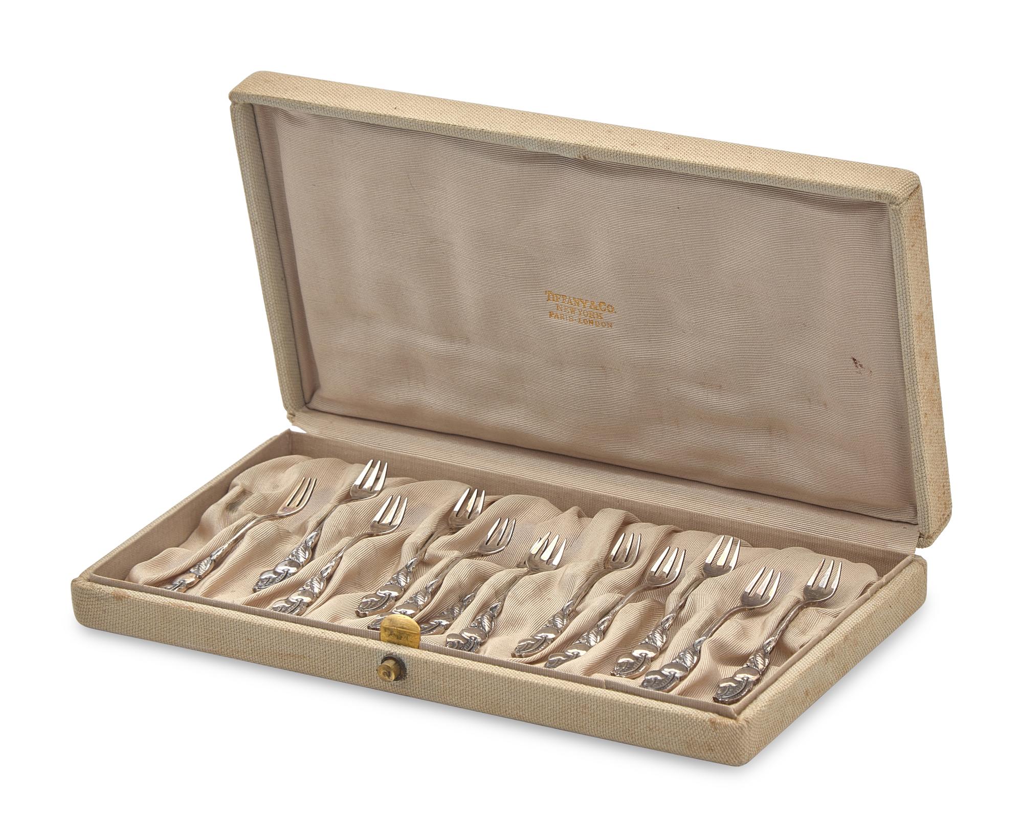 A Cased Set of Twelve Sterling Silver Cocktail Forks in the "Cherry" Pattern, Tiffany & Co., New York, NY, Late 19th / Early 20th Century