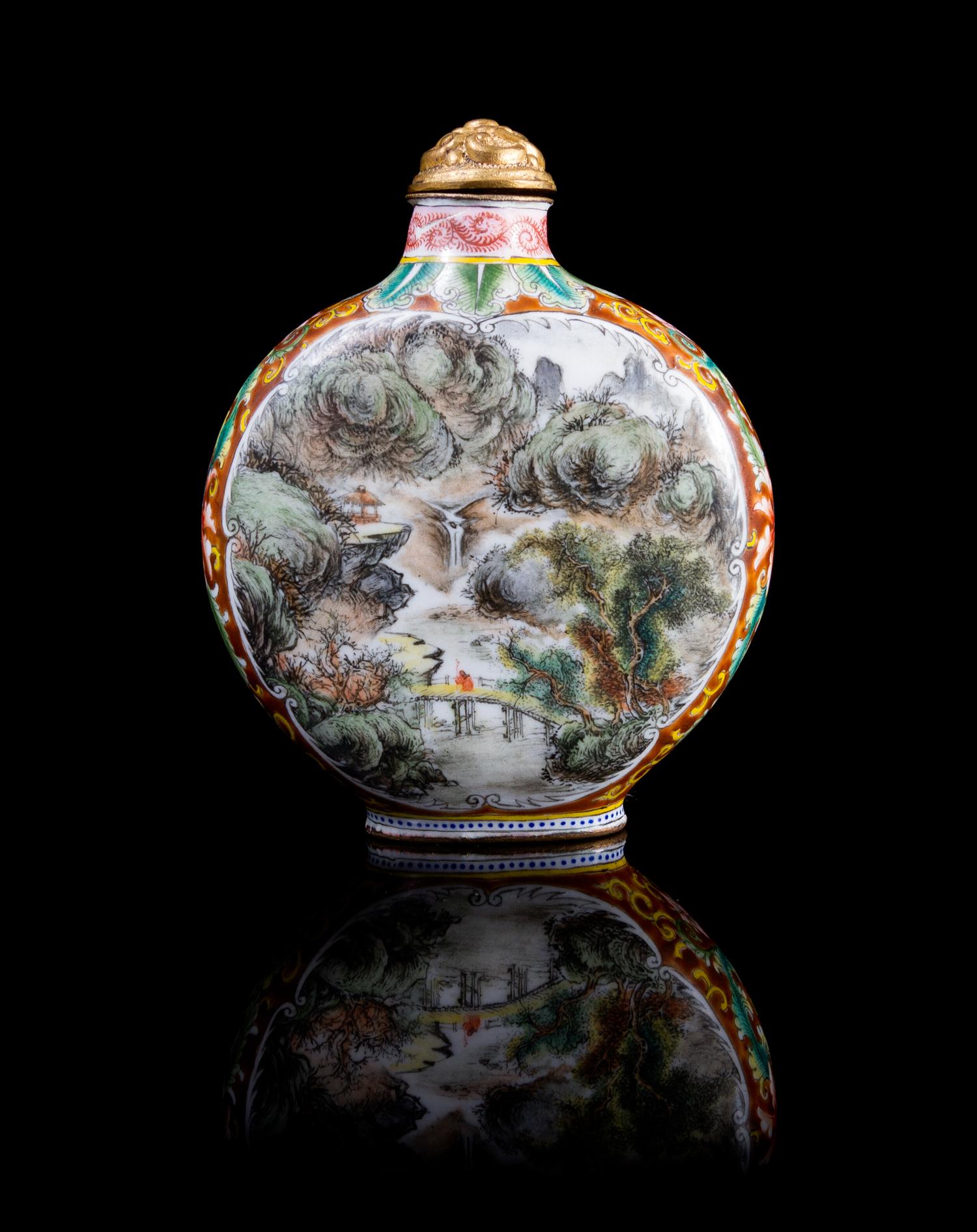 A Canton Enamel and Gilt Metal Snuff Bottle Height 3 inches.