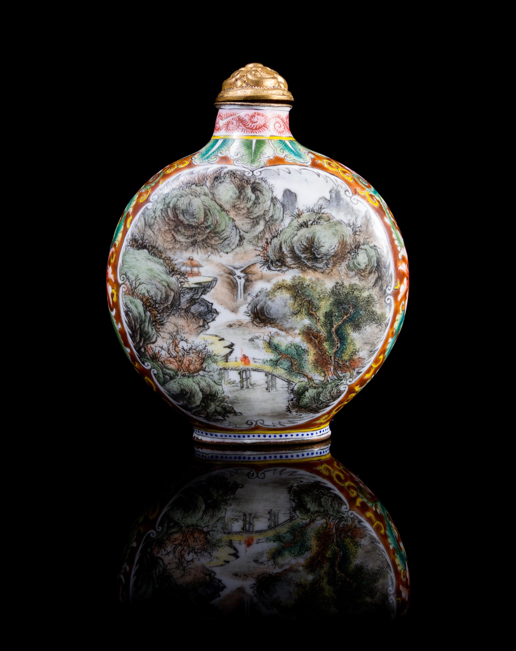 A Canton Enamel and Gilt Metal Snuff Bottle Height 3 inches.