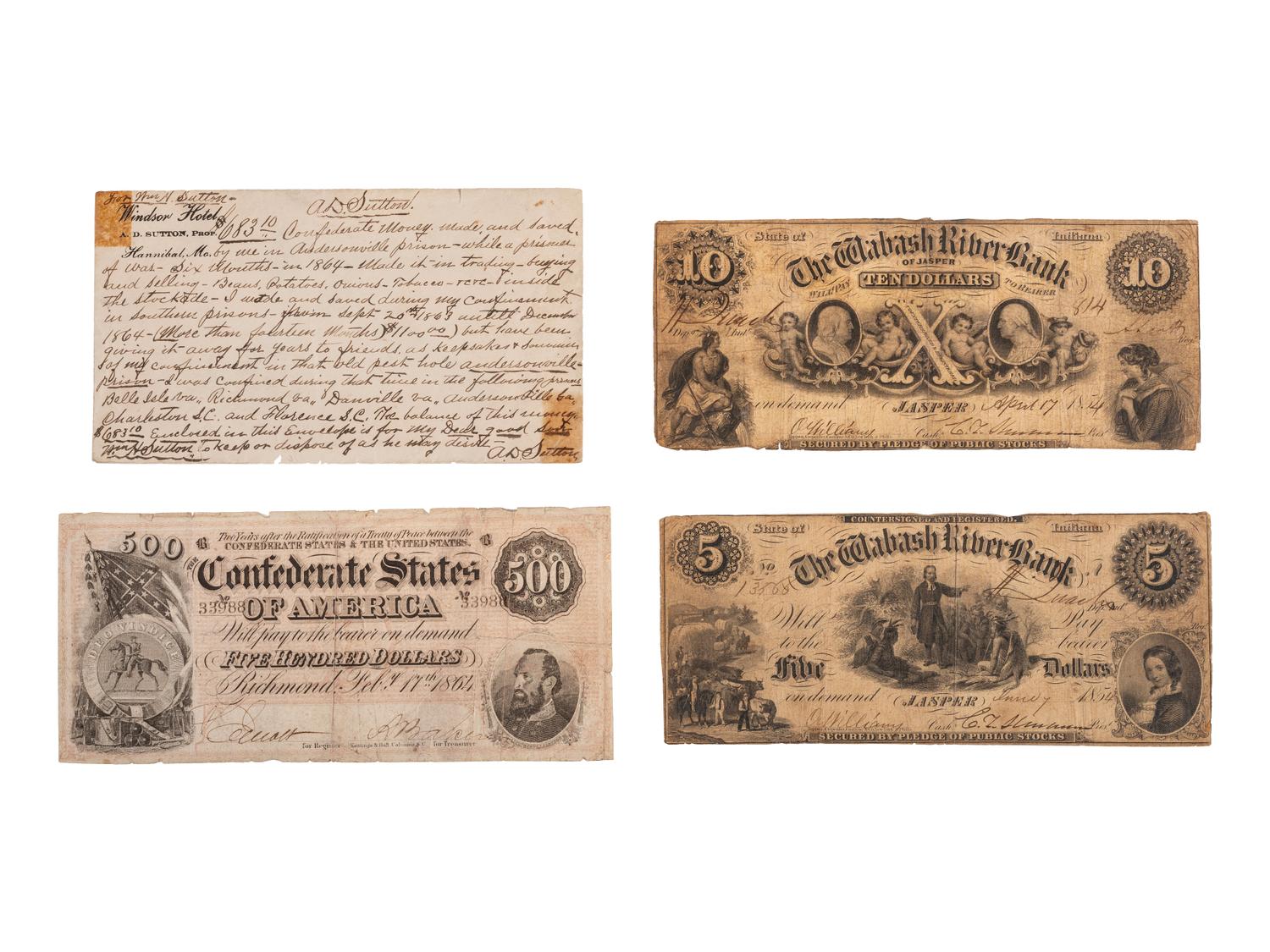 Corporal Artemus D. Sutton, Company B, 89th Ohio Volunteer Infantry. Captured at Chickamauga. Collection of currency acquired while imprisoned at Andersonville, GA and other prison camps.