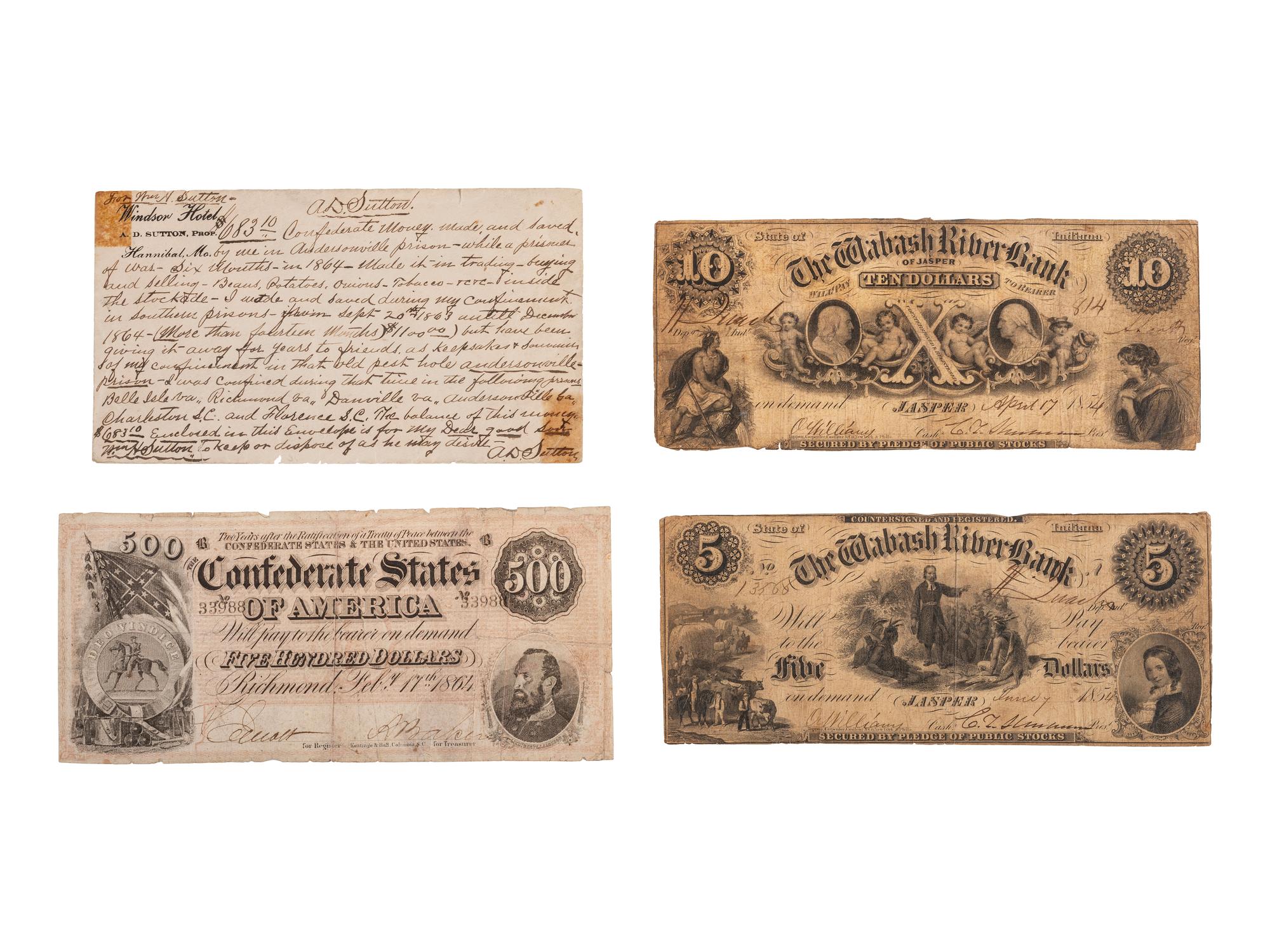 Corporal Artemus D. Sutton, Company B, 89th Ohio Volunteer Infantry. Captured at Chickamauga. Collection of currency acquired while imprisoned at Andersonville, GA and other prison camps.