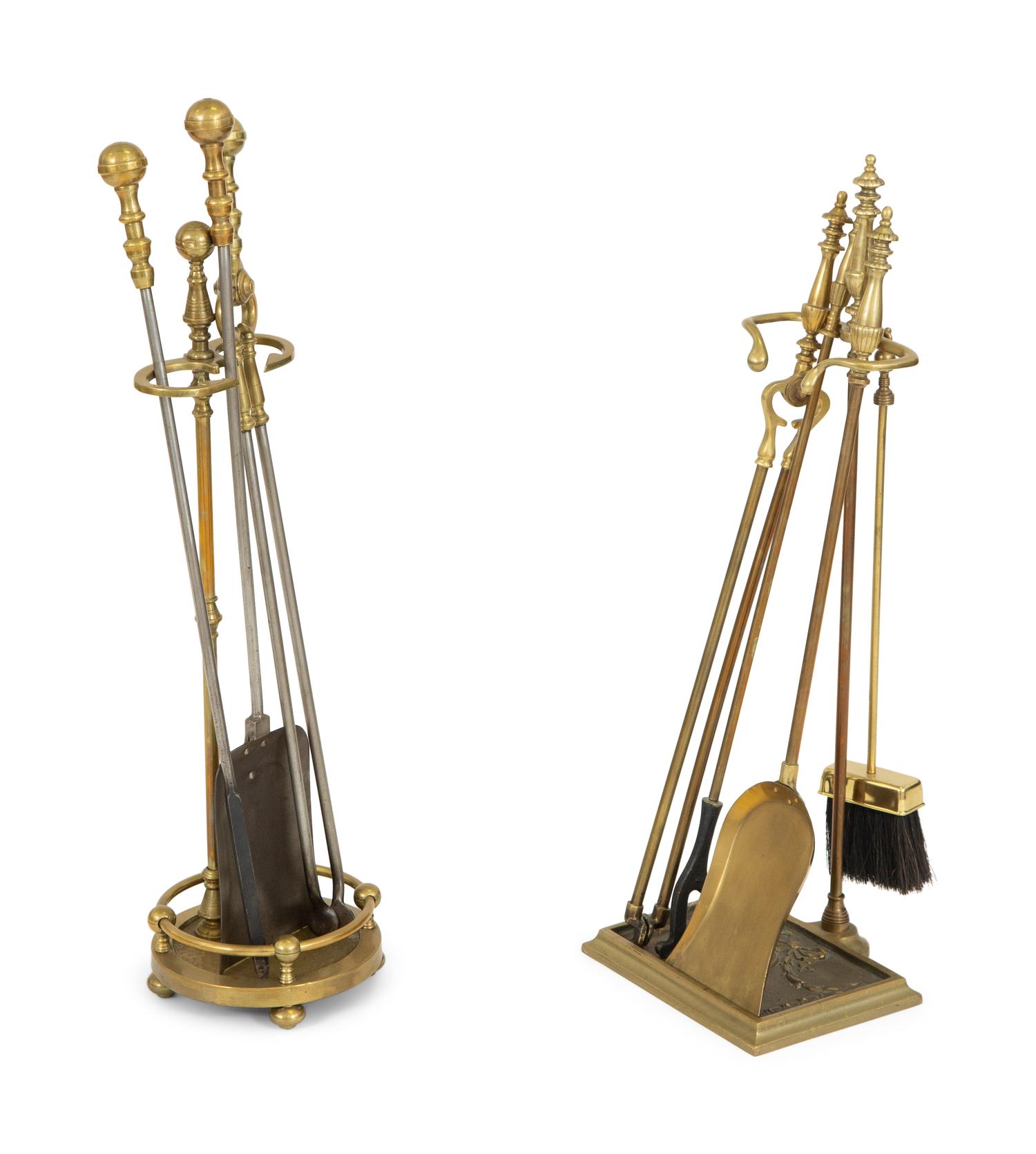 Two Sets of Brass Fire Tools and a Pair of Brass Andirons