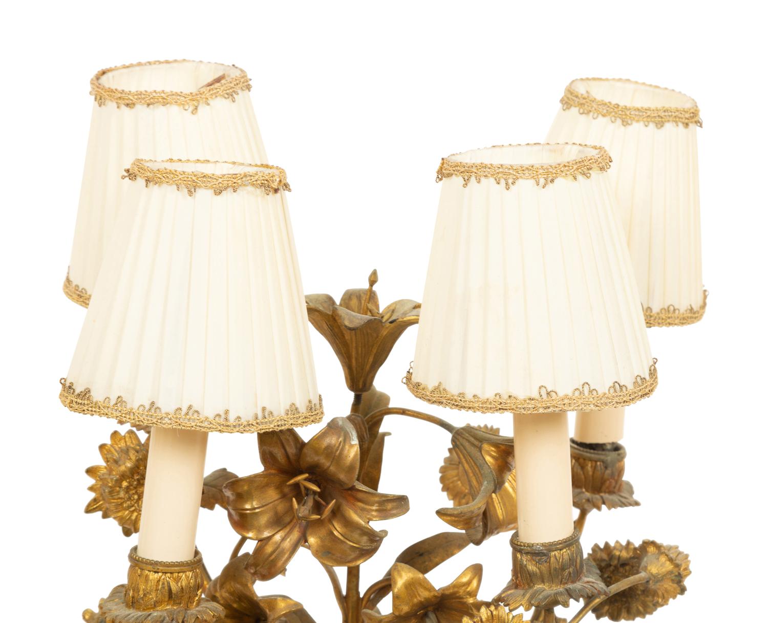 A Pair of Louis XVI Style Gilt Bronze and Marble Four-Light Candelabra