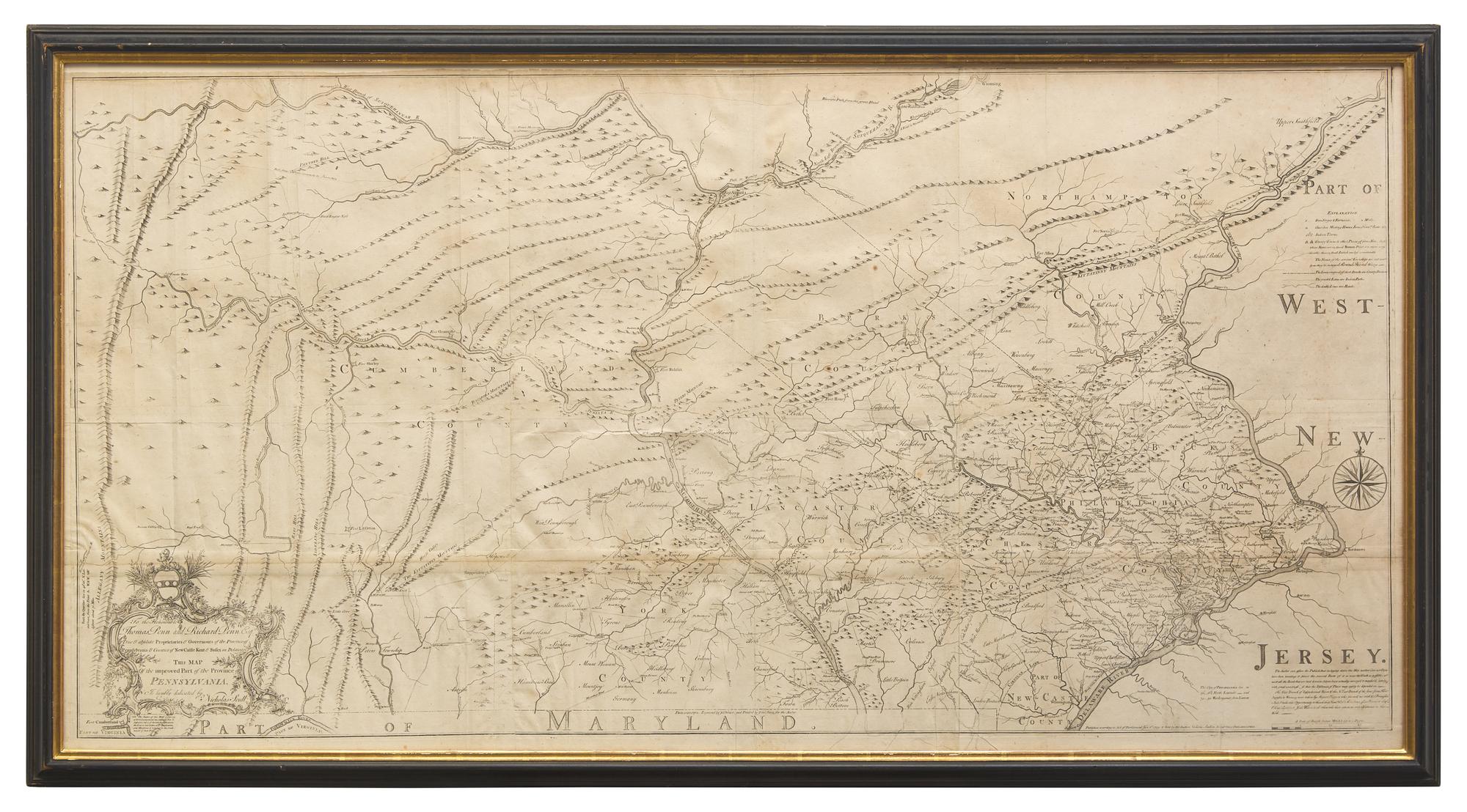 [Maps & Atlases] [Pennsylvania] Scull, Nicholas. To the Honourable Thomas Penn and Richard Penn Esqrs. True & absolute Proprietaries & Governours of the Province of Pennsylvania & Counties of New-Castle Kent & Sussex on Delaware This Map Of the improved Part of the Province of Pennsylvania...