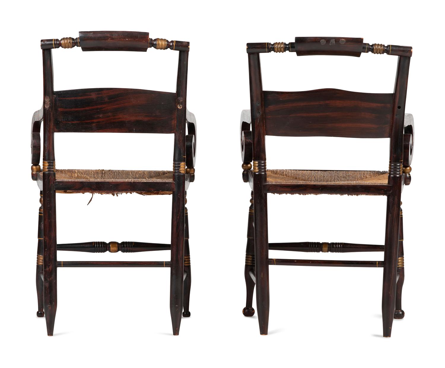 A Matched Pair of Classical Grain-Painted and Gilt Stencil-Decorated Hitchcock Rush-Seat Armchairs
