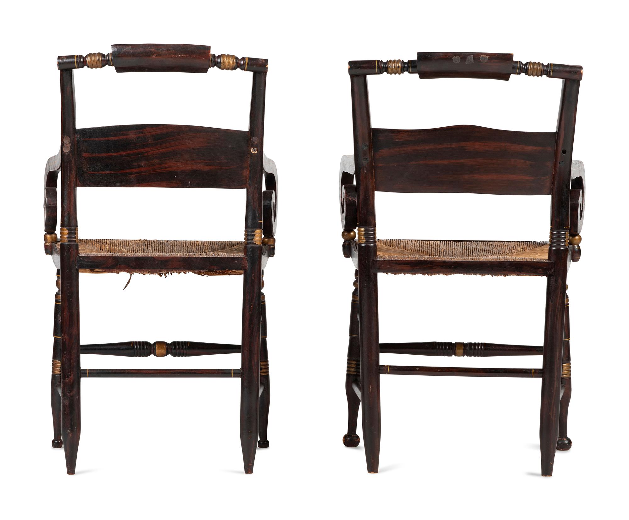 A Matched Pair of Classical Grain-Painted and Gilt Stencil-Decorated Hitchcock Rush-Seat Armchairs
