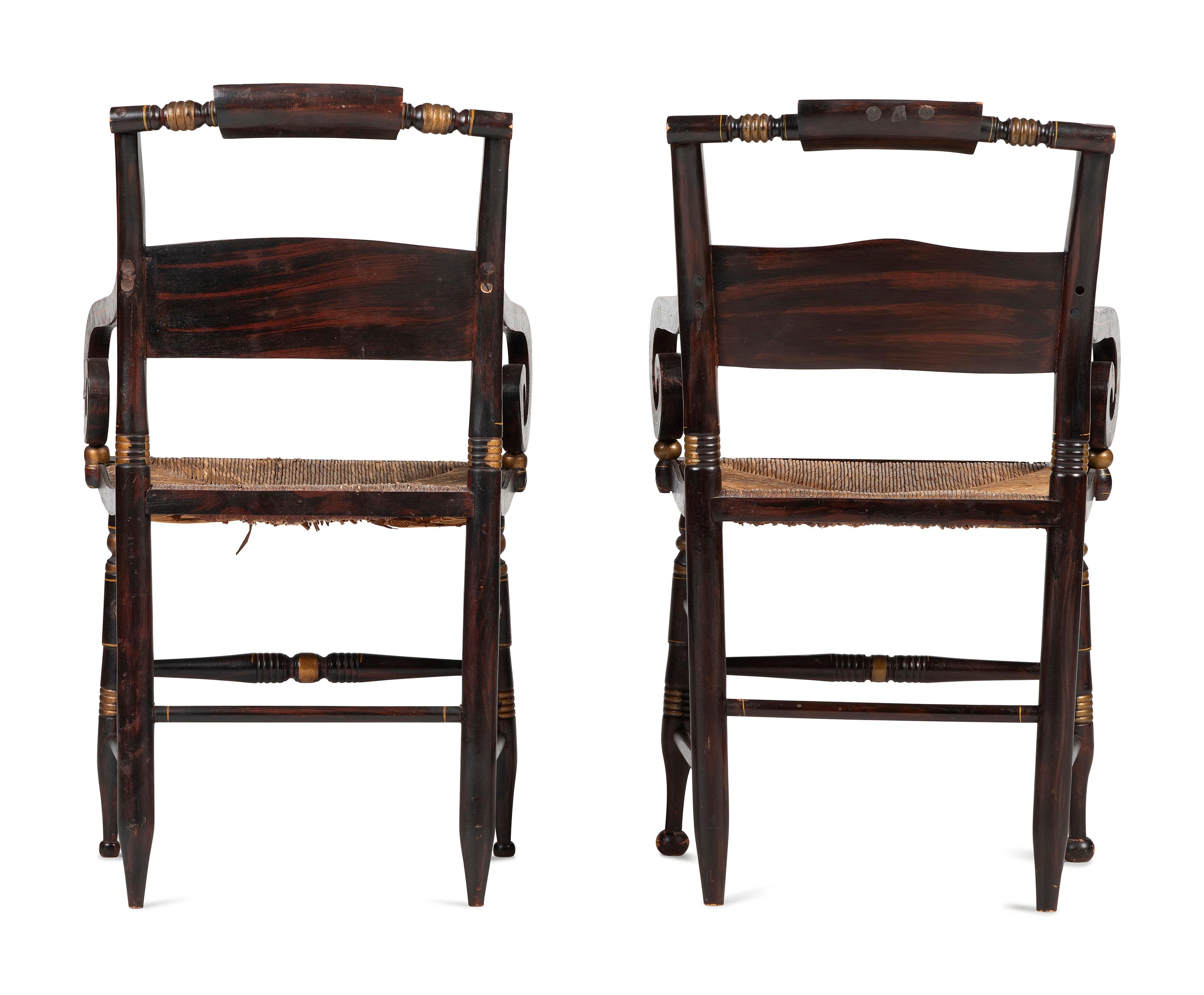 A Matched Pair of Classical Grain-Painted and Gilt Stencil-Decorated Hitchcock Rush-Seat Armchairs