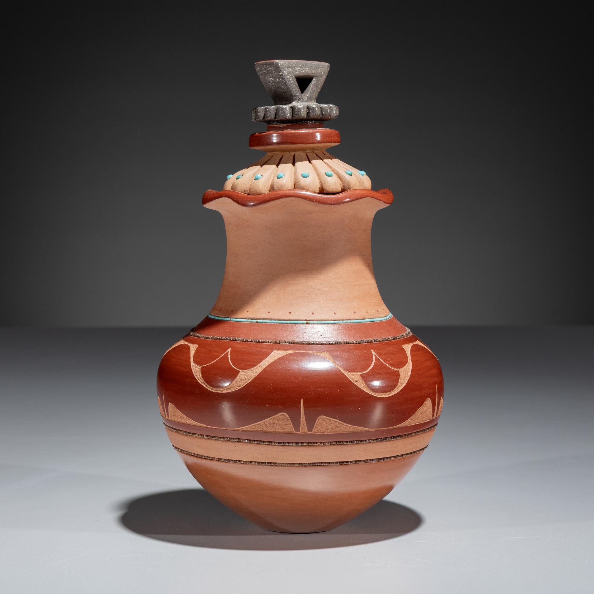 Carved Three-Toned Pottery Jar, with Turquoise Beads