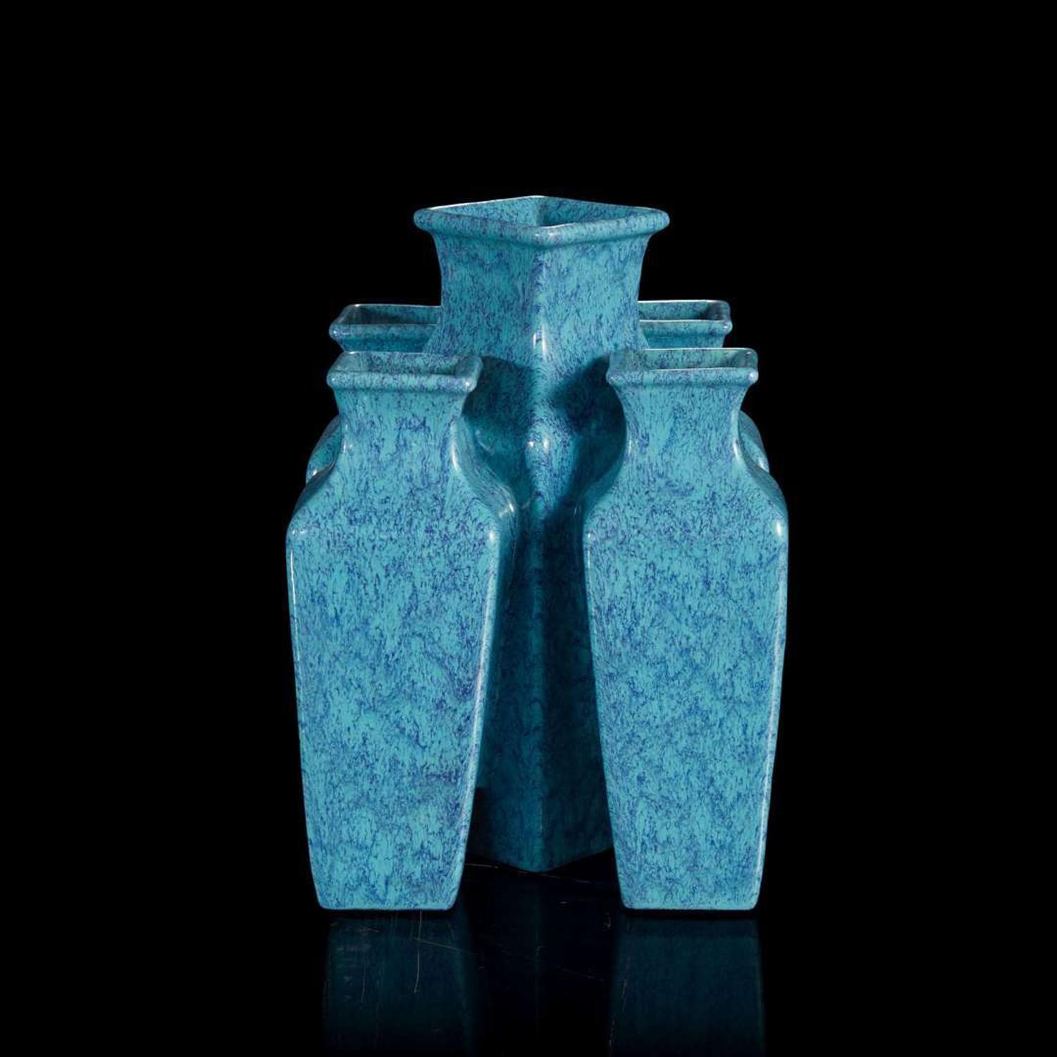 A Chinese "robin's-egg" glazed five-mouthed vase 炉钧釉五连瓶