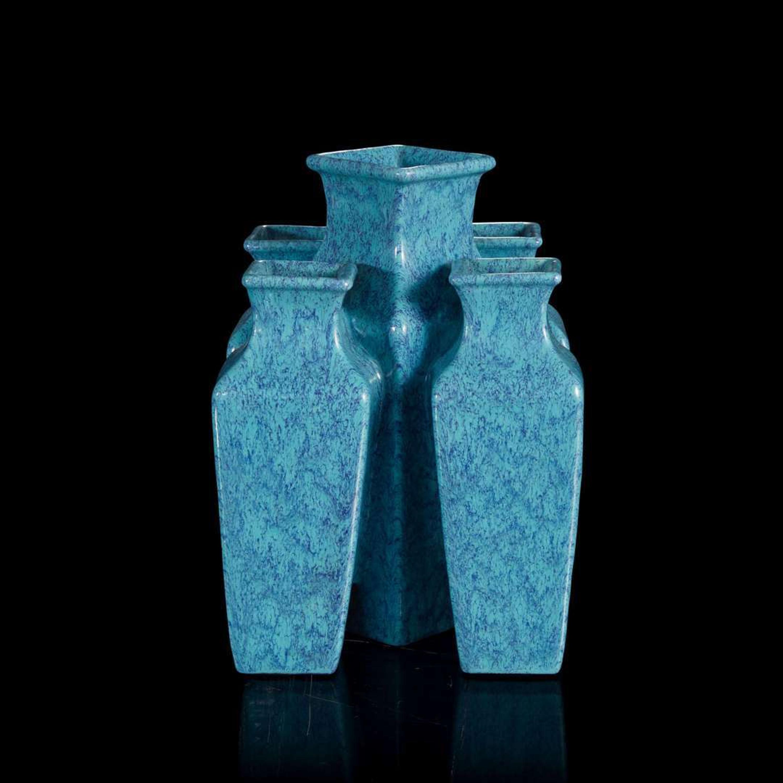 A Chinese "robin's-egg" glazed five-mouthed vase 炉钧釉五连瓶