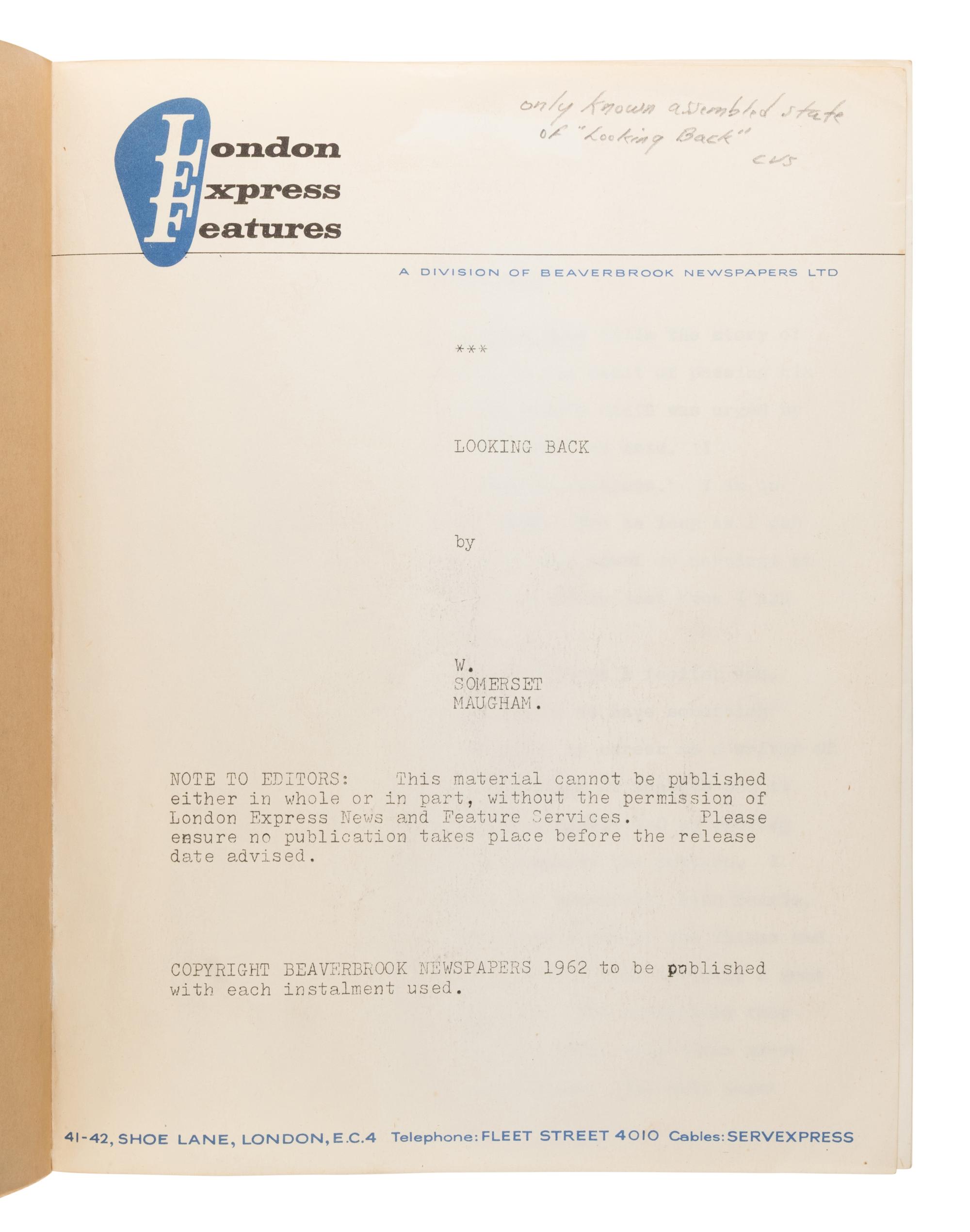 Maugham, W. Somerset (1874-1965). Mimeograph typescript for "Looking Back." London: Beaverbrook Newspapers Ltd., 1962.