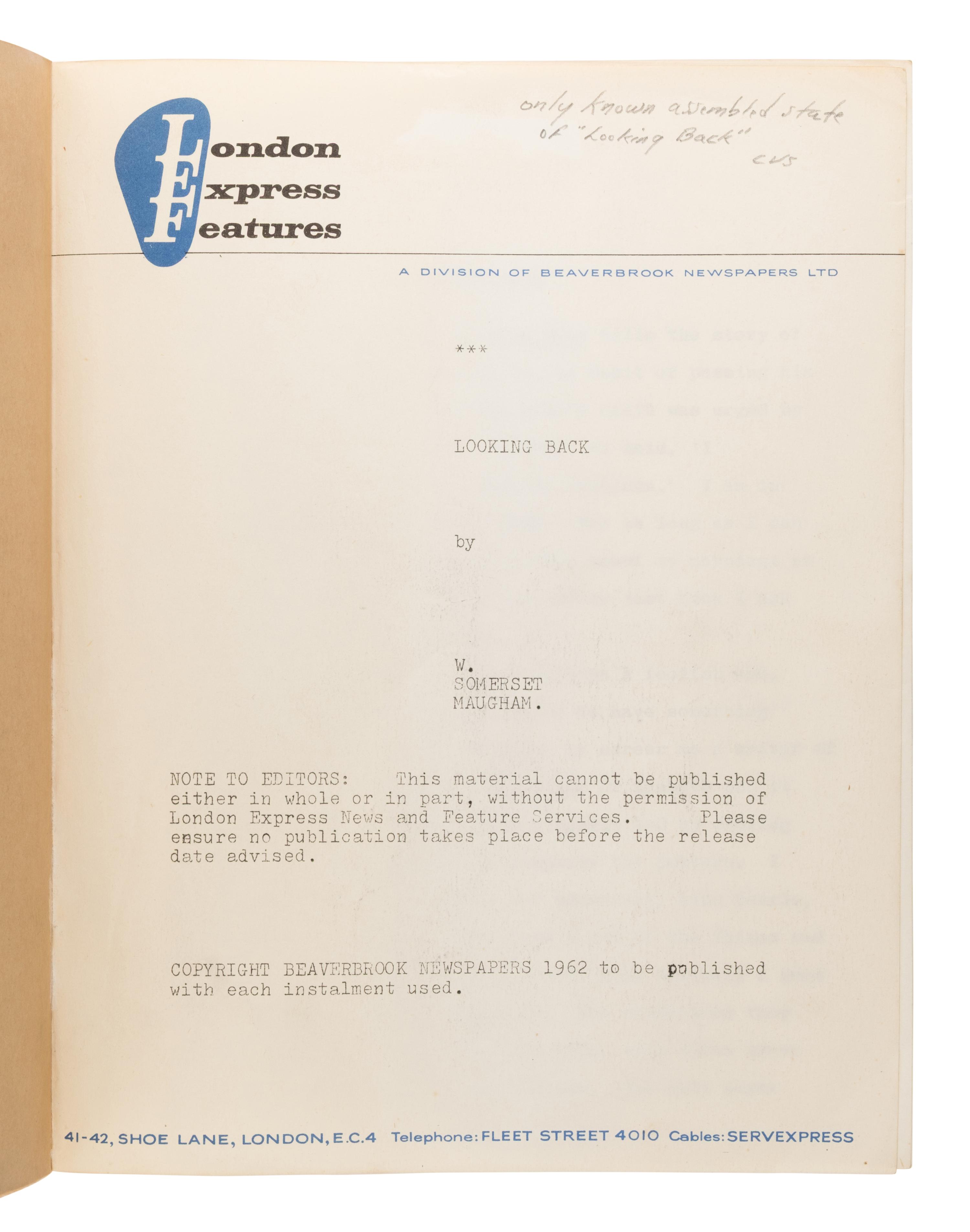 Maugham, W. Somerset (1874-1965). Mimeograph typescript for "Looking Back." London: Beaverbrook Newspapers Ltd., 1962.