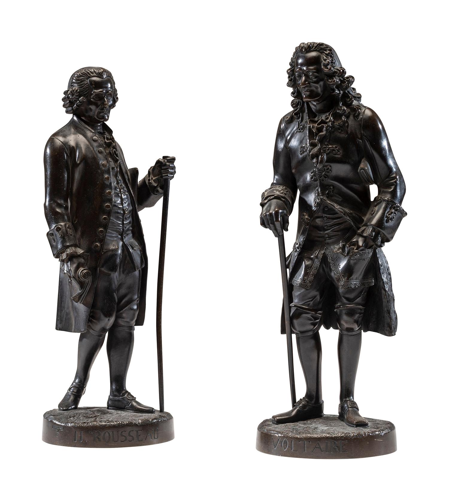 Two French Patinated Bronze Figures of Voltaire and Rousseau