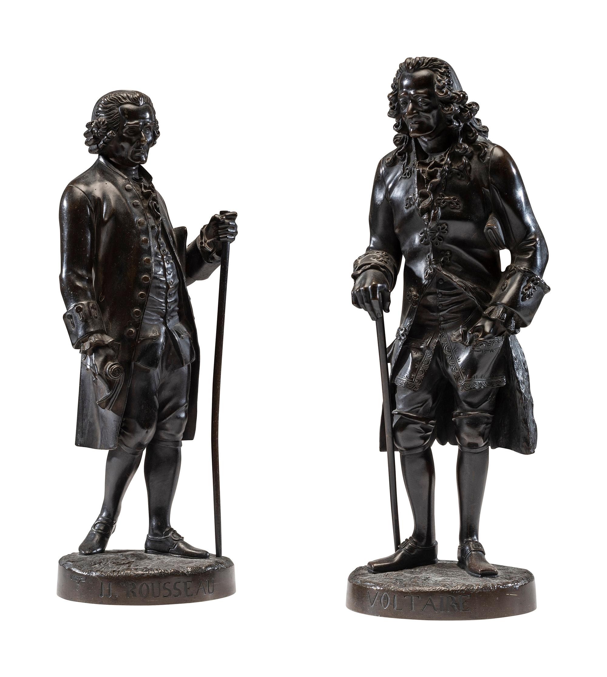 Two French Patinated Bronze Figures of Voltaire and Rousseau