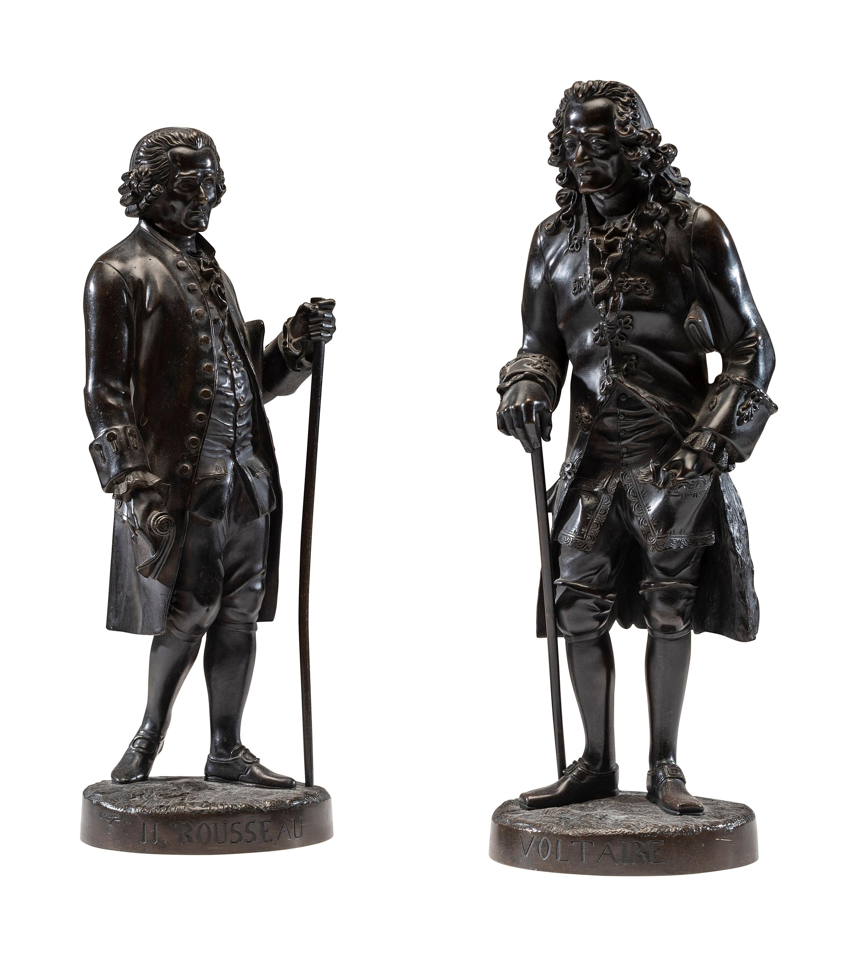 Two French Patinated Bronze Figures of Voltaire and Rousseau