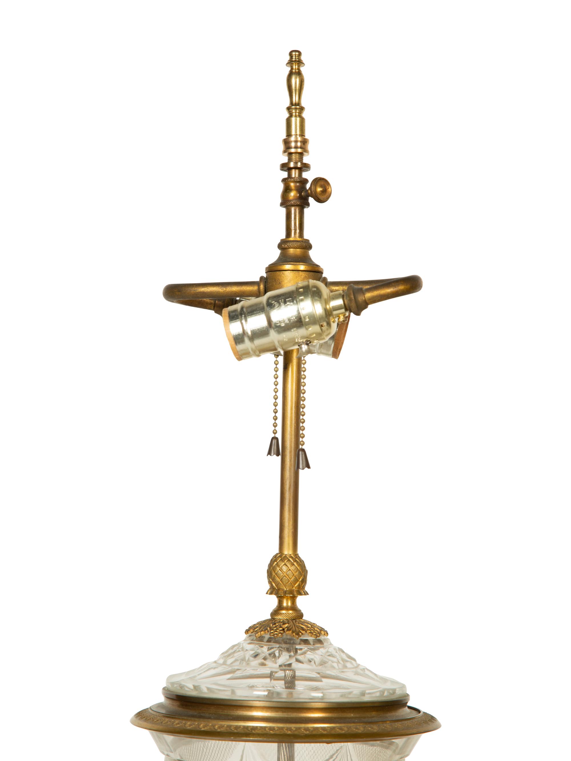 A Pair of Continental Gilt Bronze and Cut Glass Urns Mounted as Lamps