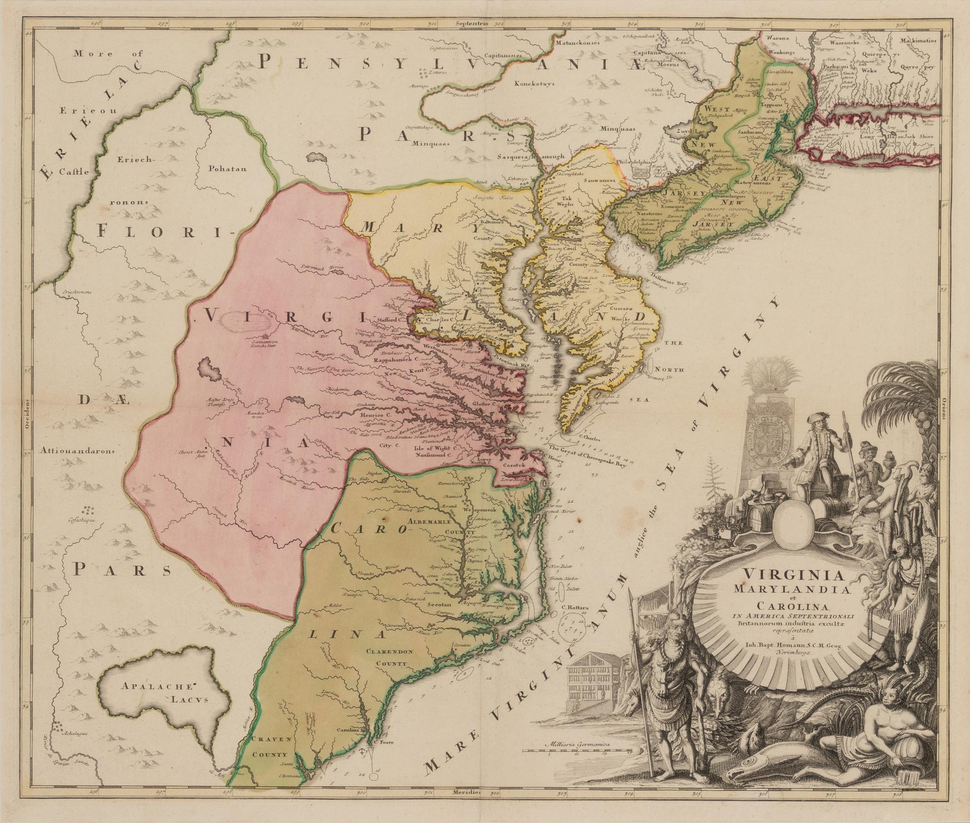 [MAP]. HOMANN, Johann Baptist (1663-1724). Virginia, Marylandia et Carolina in America Septentrionali . Nuremberg, [ca 1714].