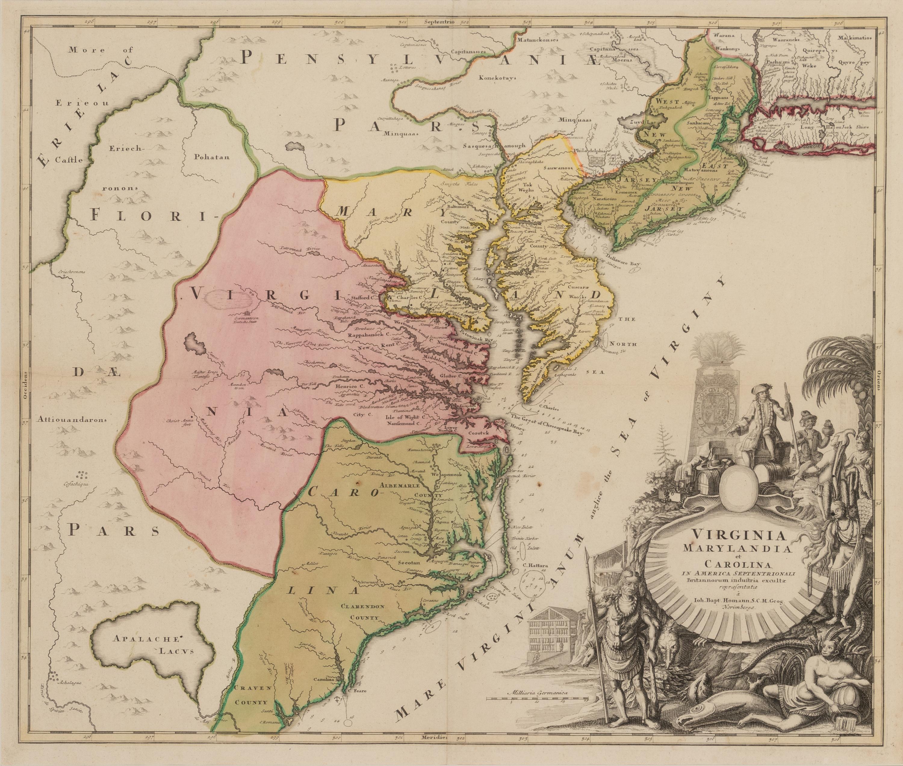 [MAP]. HOMANN, Johann Baptist (1663-1724). Virginia, Marylandia et Carolina in America Septentrionali . Nuremberg, [ca 1714].