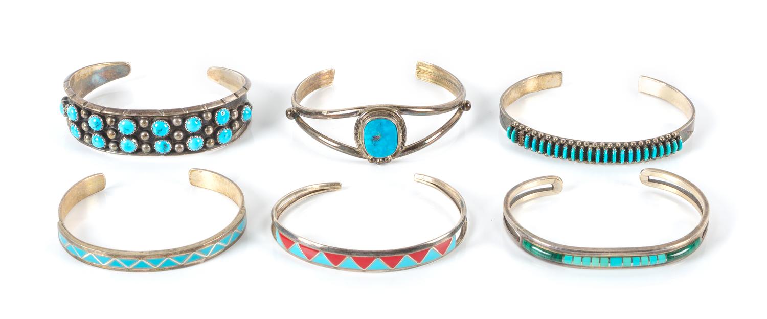 Six Southwestern Bracelets Length of largest 5 1/4 x opening 1 x width 5/8 inches