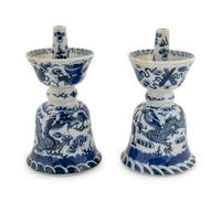 A Pair of Chinese Blue and White Porcelain Candle Holders — 19TH CENTURY